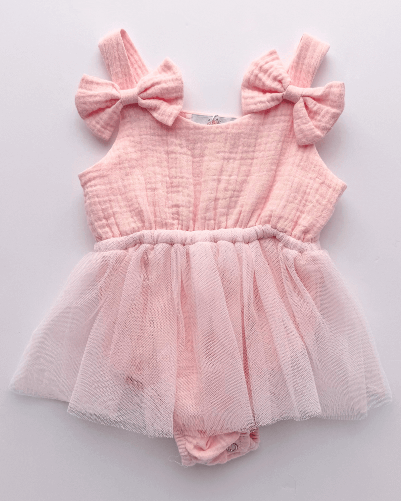 Dawsyn Bow Front Tulle Bubble Romper - Strawberry Ice