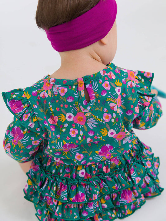 Baby Girls Emerald Floral Knit Long Sleeve Flutter Bubble Romper