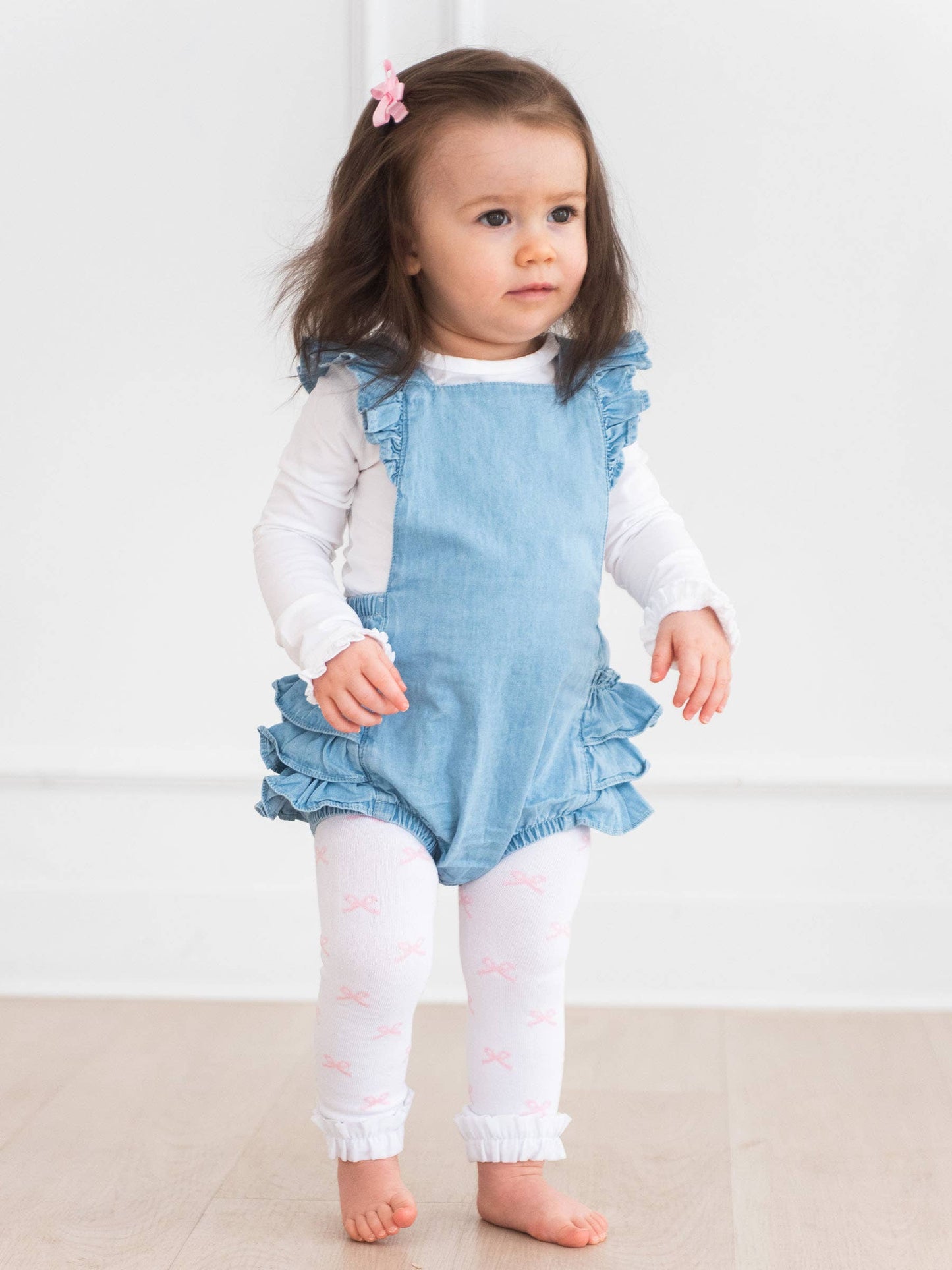 Girls Pink Bows Patterned Footless Ruffle Tights