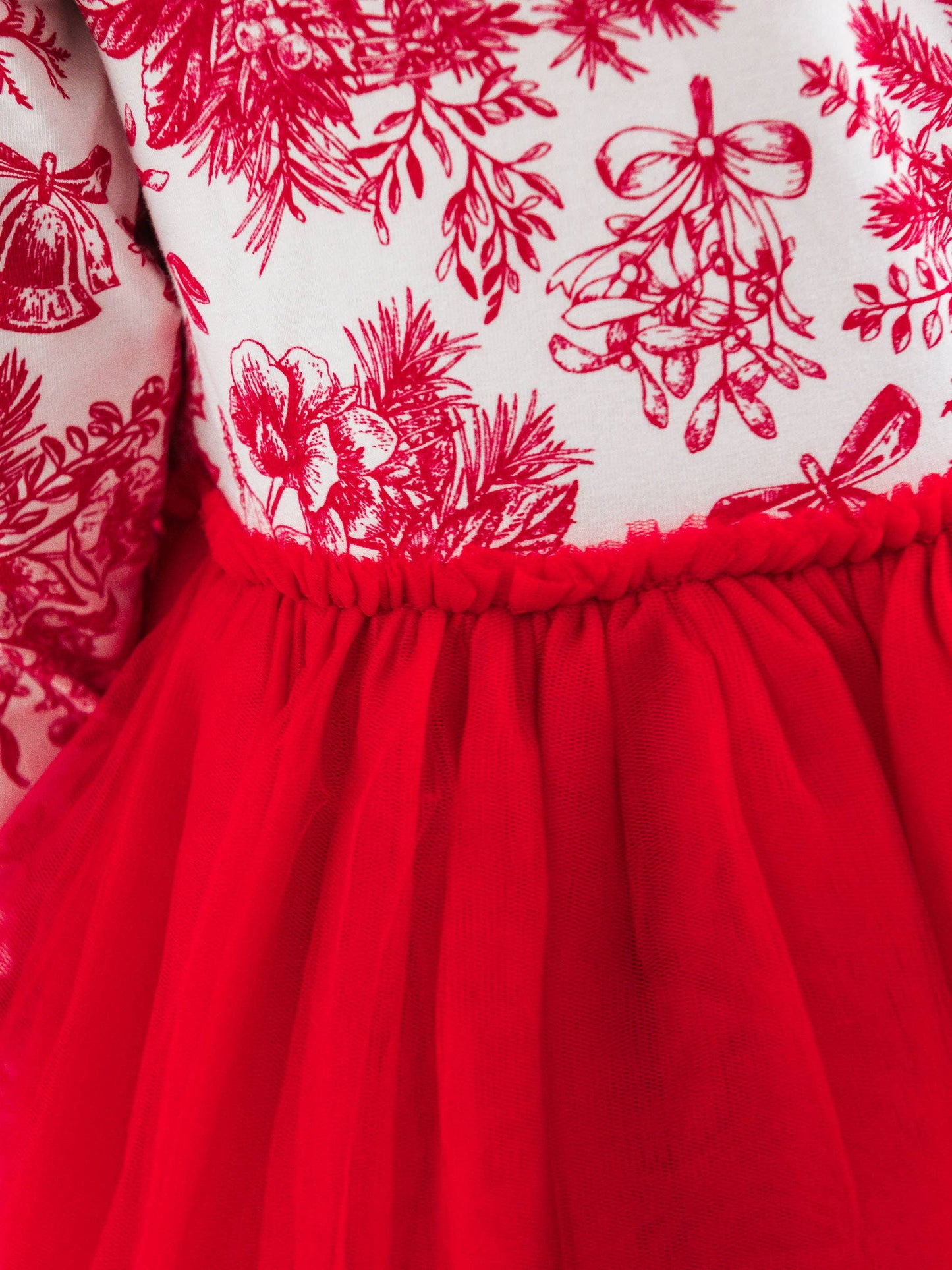 Girls Red Jingle Toile the Way Flutter Tulle Long Sleeve Twirl Dress
