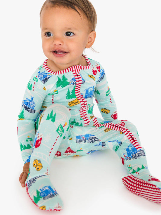 SoftSnooze™ Baby Bamboo Viscose Snowy Train Tracks Footed One Piece Pajama