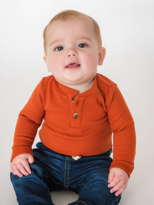 Baby Boys Rust Waffle Knit Henley Bodysuit