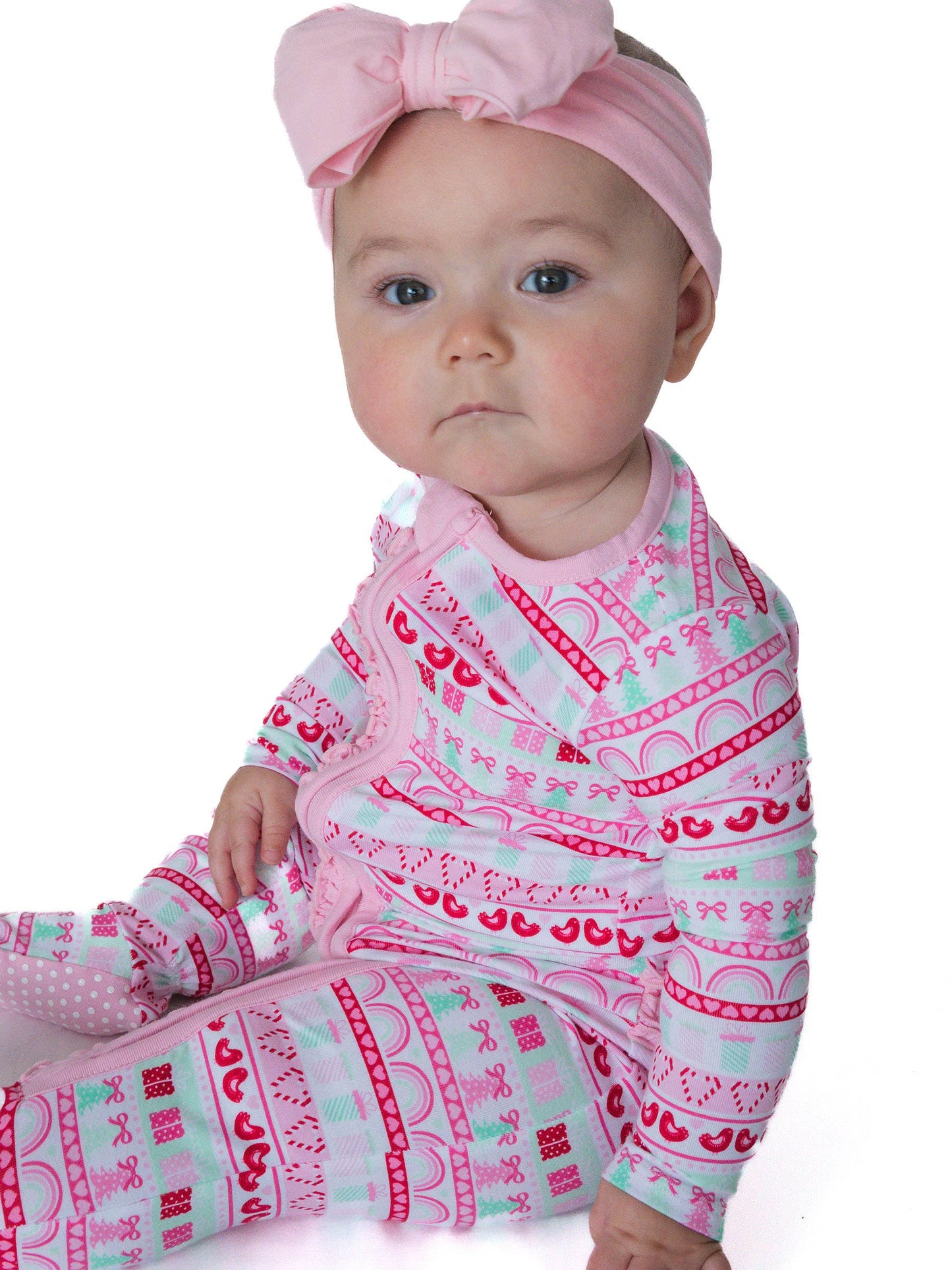 SoftSnooze™ Baby Girls Cotton Modal Pinkmas Fair Isle Footed Ruffle One Piece Pajama
