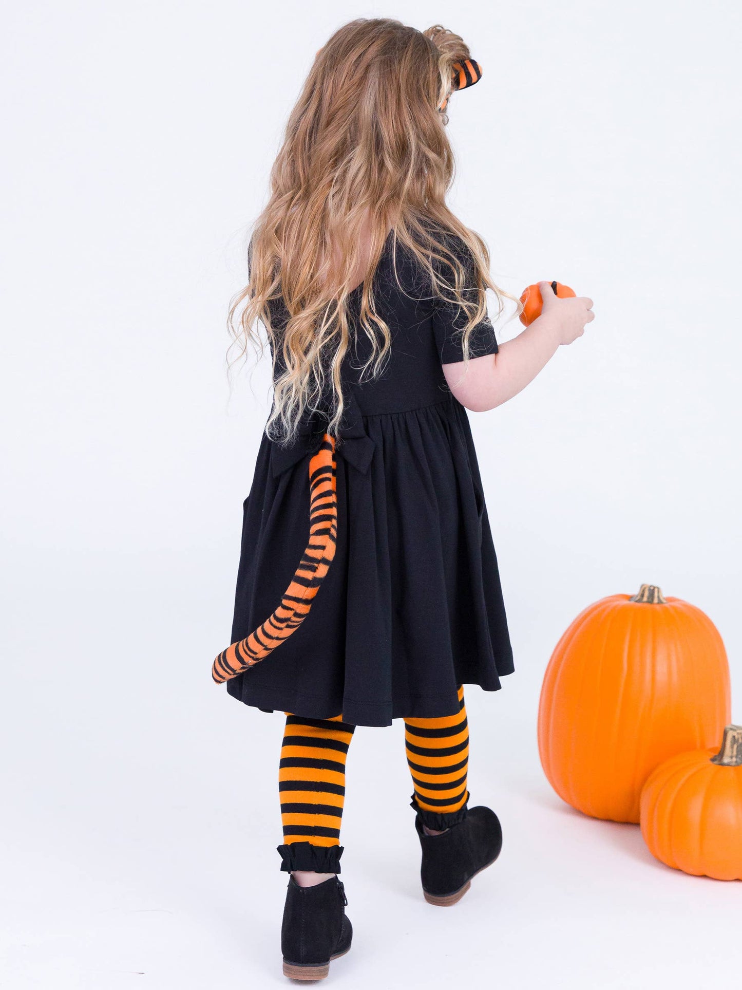 Girls Orange & Black Stripe Patterned Footless Ruffle Tights