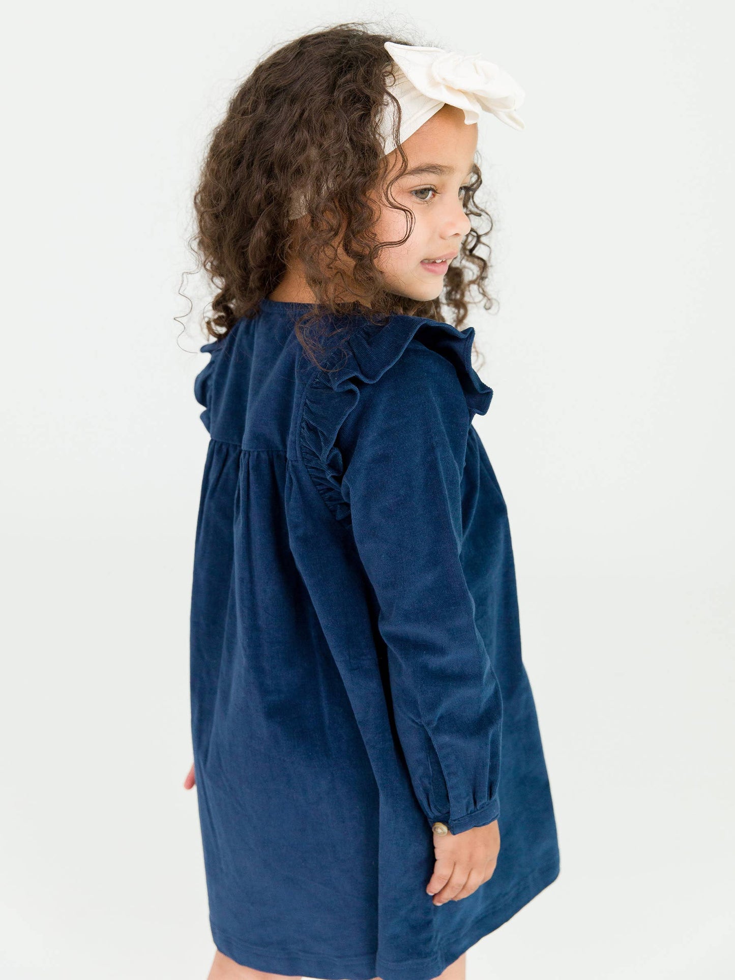 Girls Dark Navy Stretch Corduroy Ruffle Detail Dress