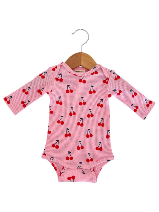 Organic Waffle Long Sleeve Bodysuit, Pink Cherries