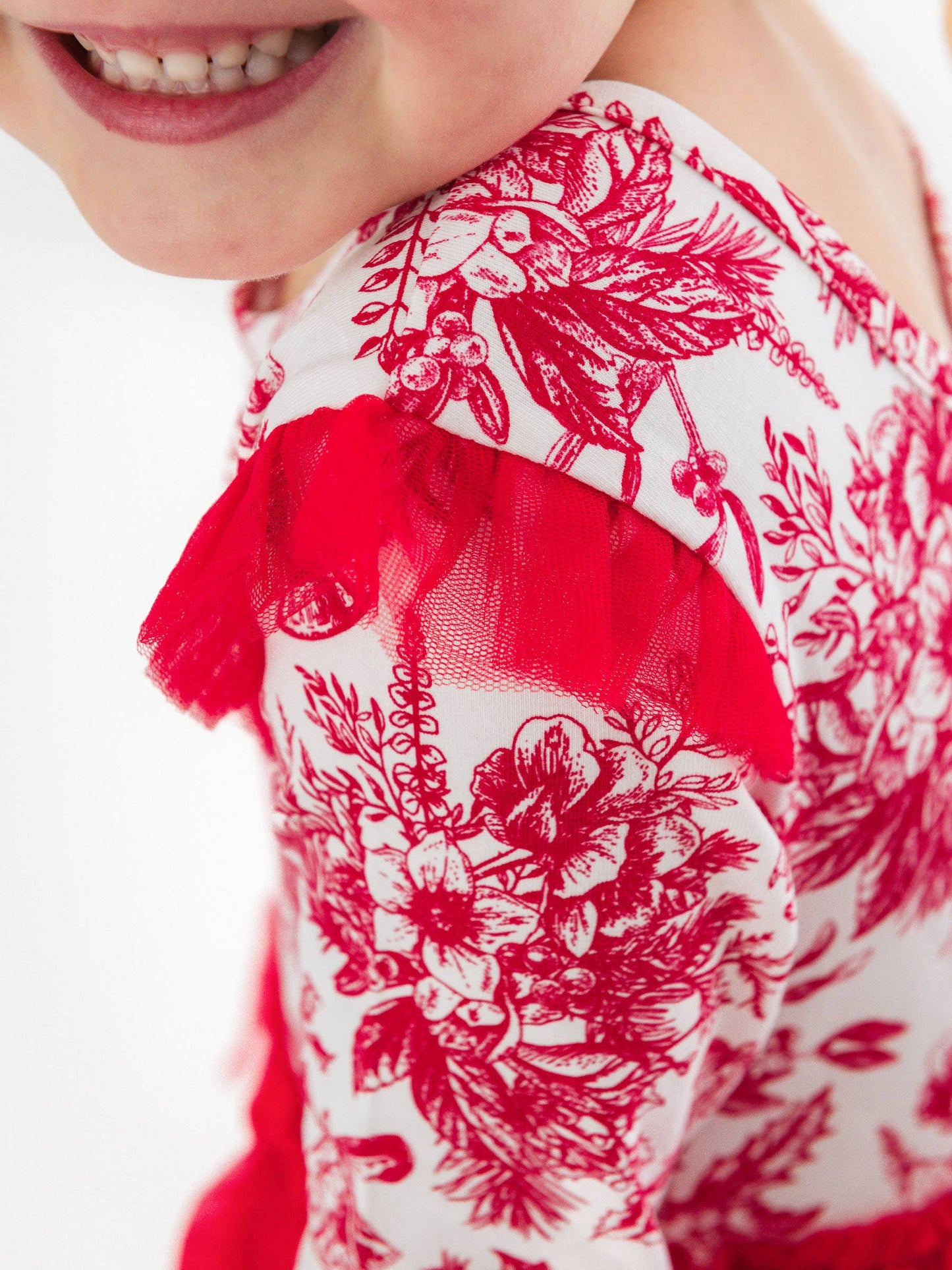 Girls Red Jingle Toile the Way Flutter Tulle Long Sleeve Twirl Dress