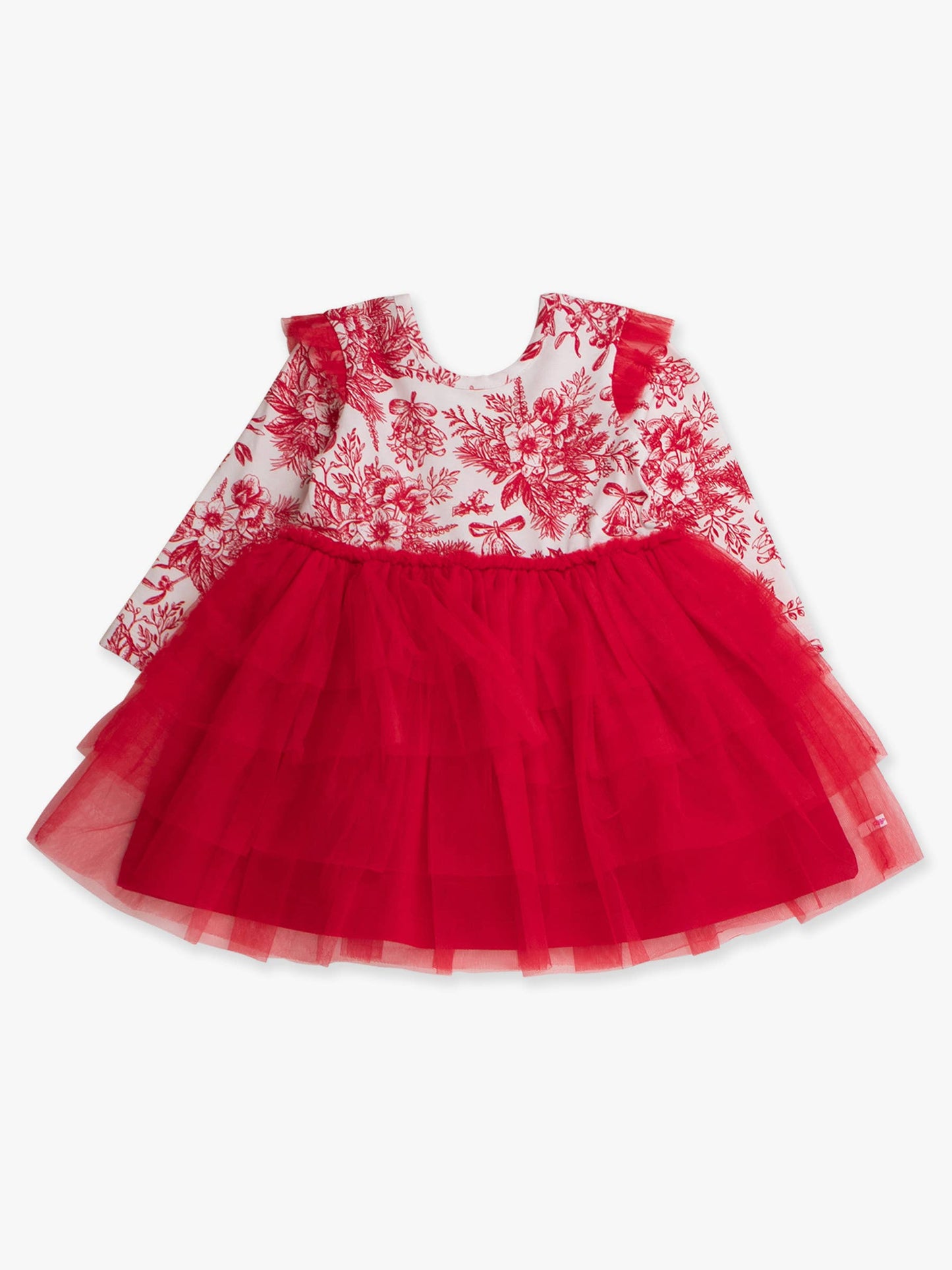 Girls Red Jingle Toile the Way Flutter Tulle Long Sleeve Twirl Dress