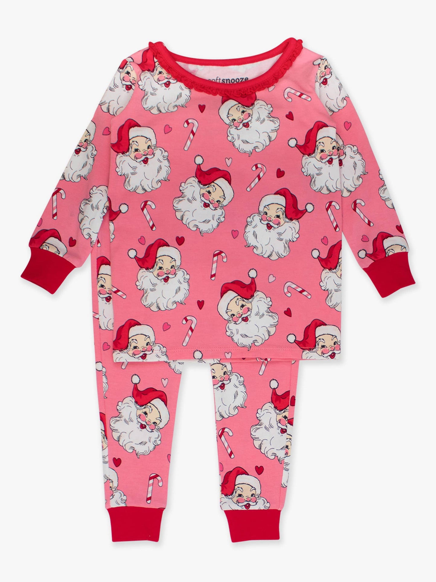 SoftSnooze™ Toddler Girls Cotton Modal Pink Santa Joy Ruffle Long Sleeve Pajama Set with Signature Rear Ruffles