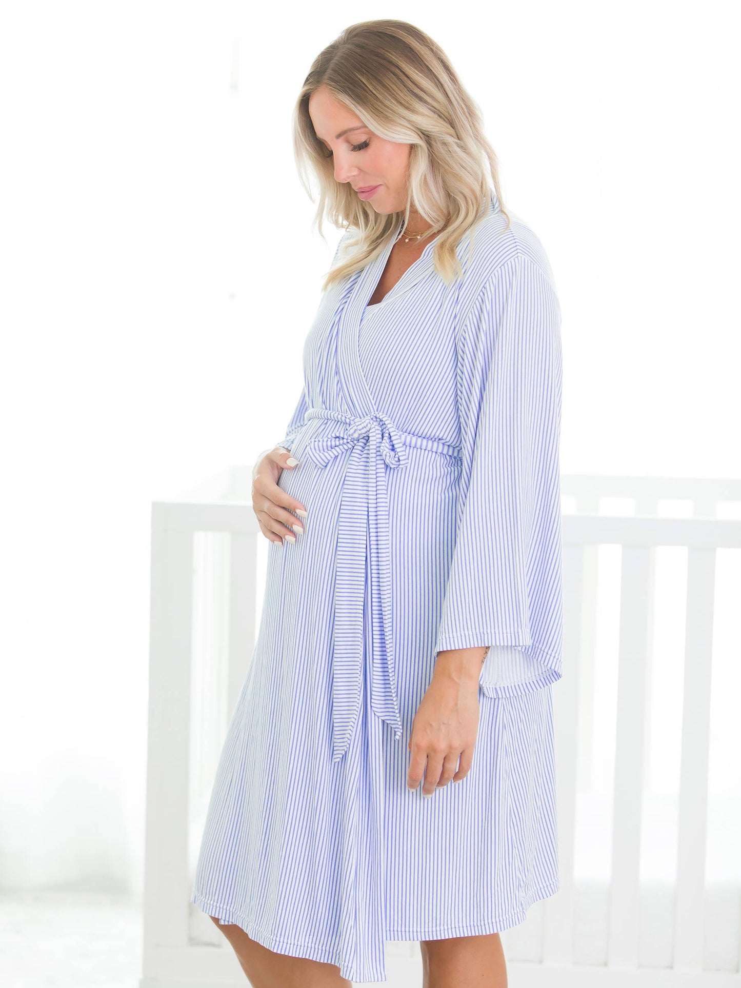 SoftSnooze™ Women's Bamboo Viscose Periwinkle & White Micro Stripe Mommy & Me Maternity Robe