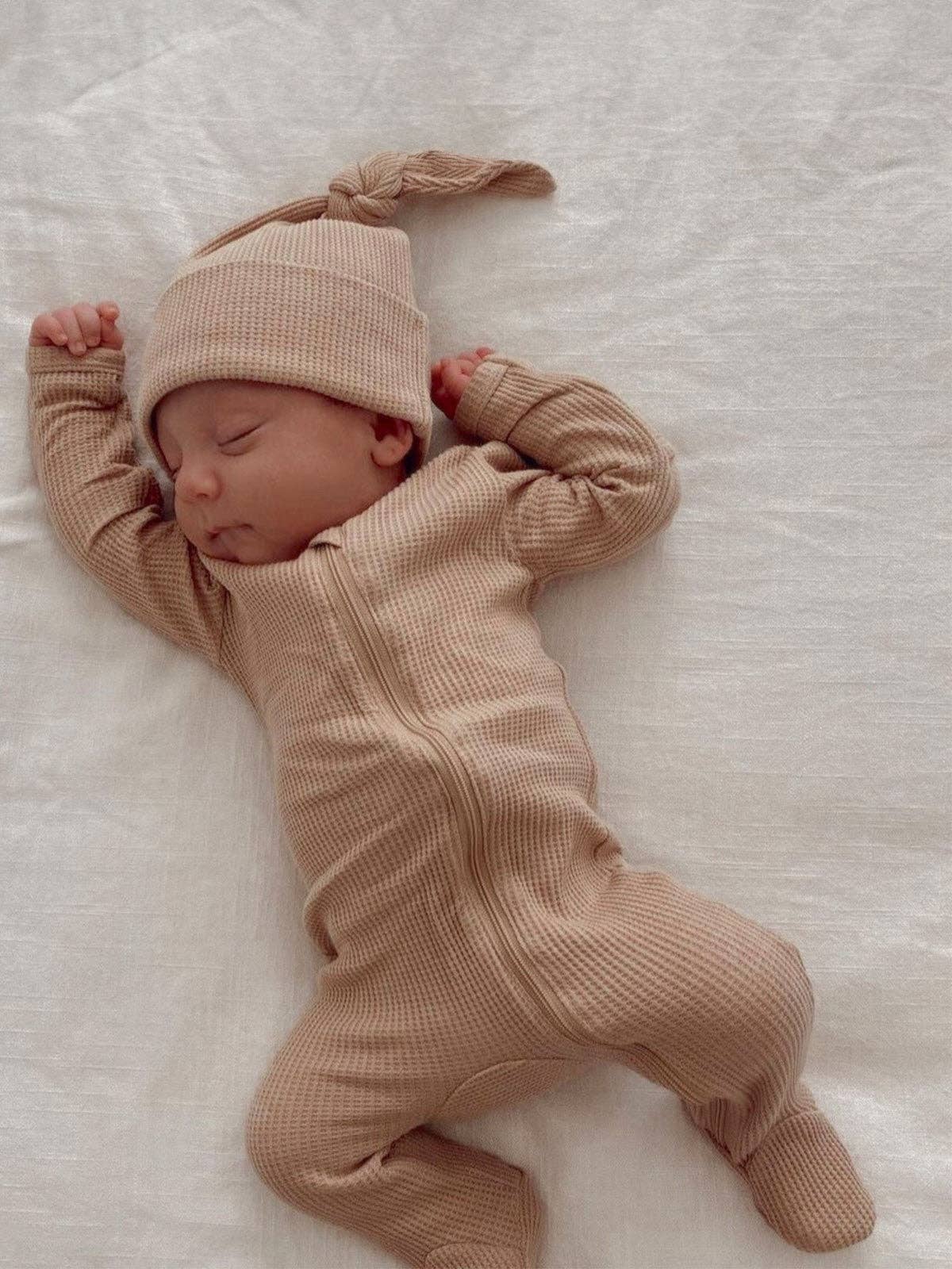 Organic Waffle 2-Way Zip Footie, Tan