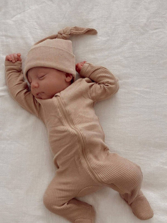 Organic Waffle 2-Way Zip Footie, Tan