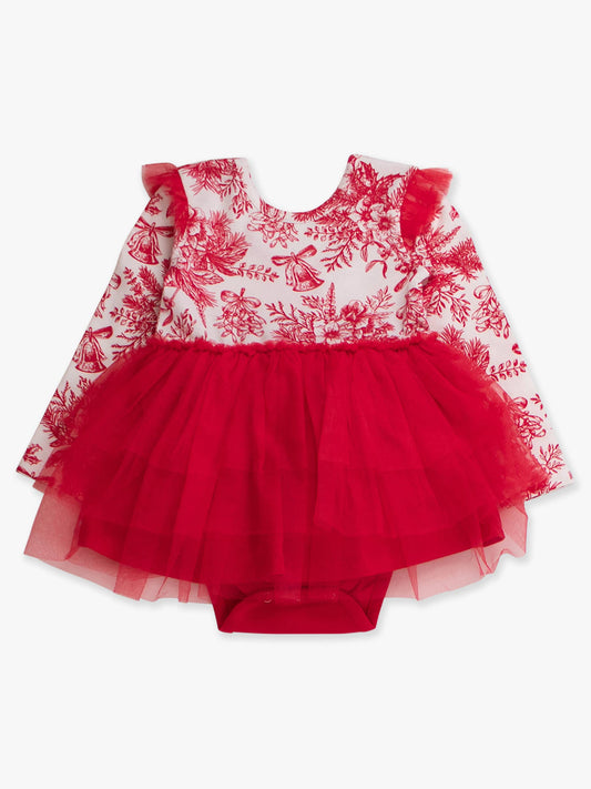 Baby Girls Red Jingle Toile the Way Flutter Tulle Long Sleeve Twirl Romper
