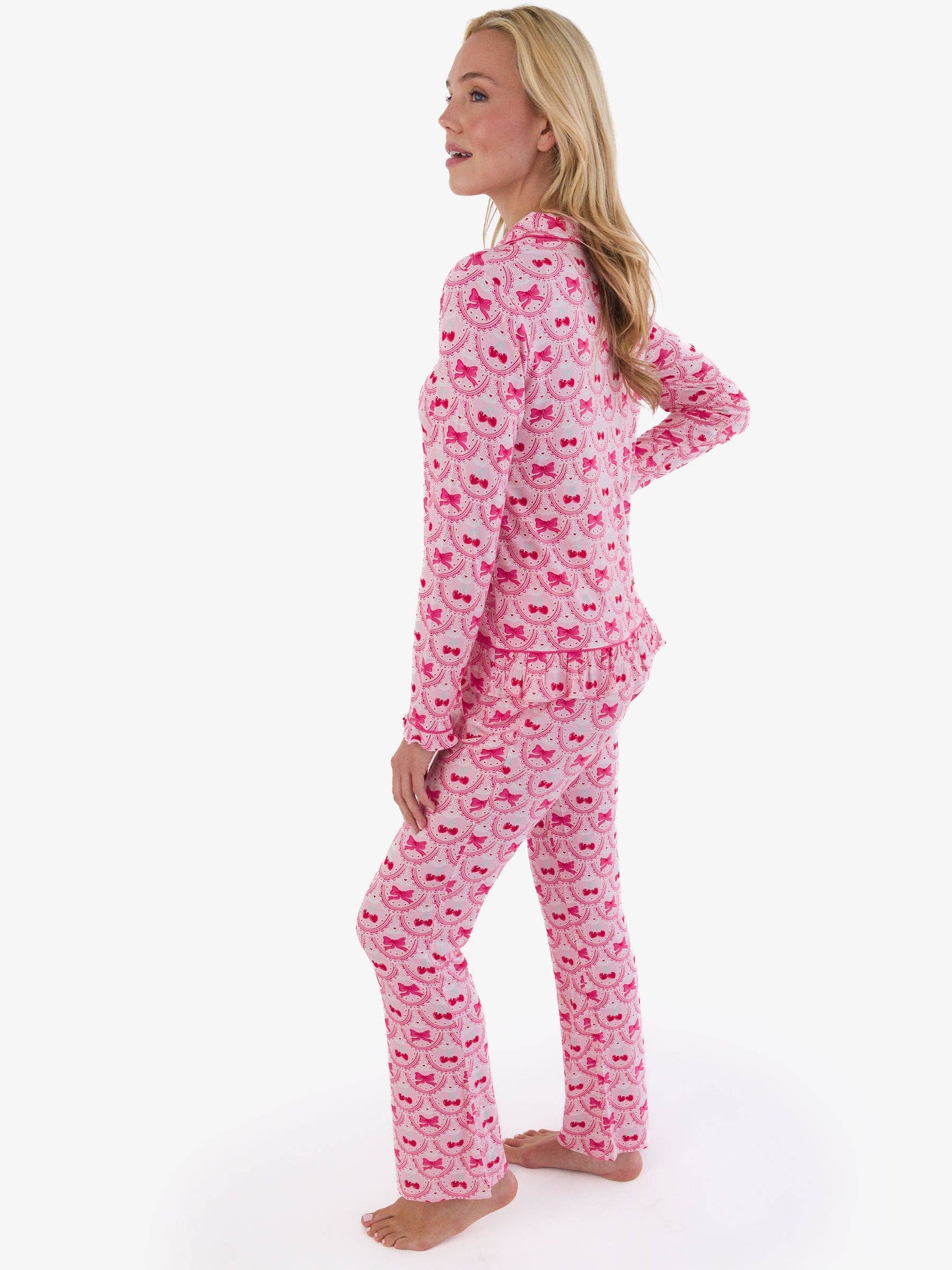 SoftSnooze™ Women's Bamboo Viscose Love You Cherry Much Long Sleeve Button Up Ruffle Flare Pajama Set