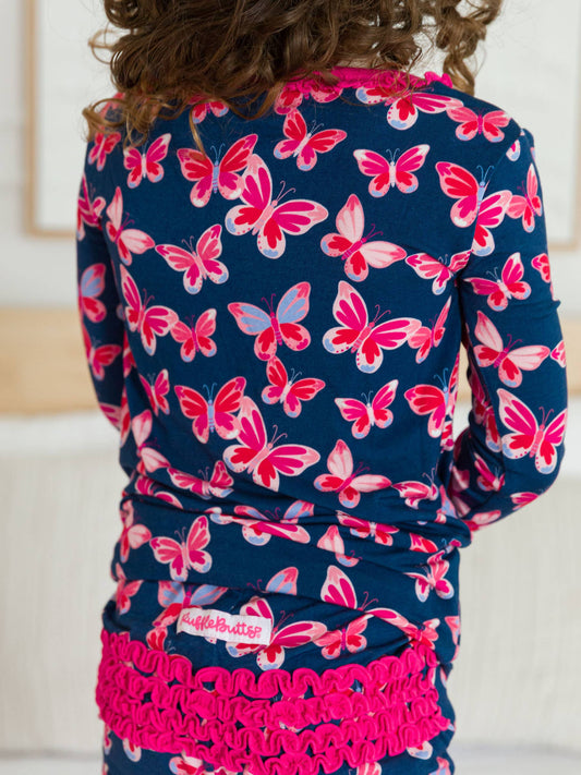 SoftSnooze™ Toddler Girls Bamboo Viscose Butterfly Bliss Ruffle Long Sleeve Pajama Set with Signature Rear Ruffles