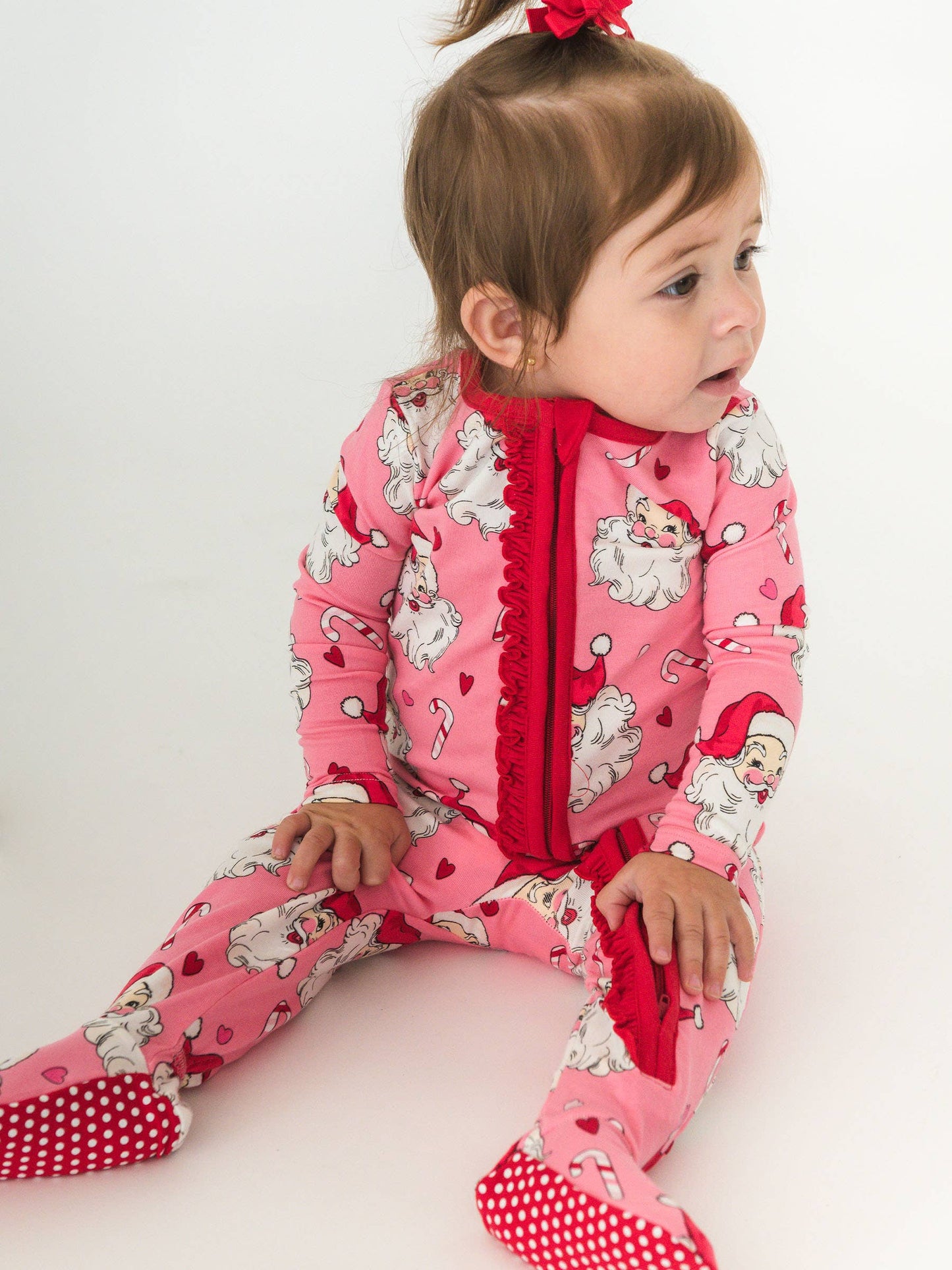 SoftSnooze™ Baby Girls Cotton Modal Pink Santa Joy Footed Ruffle One Piece Pajama