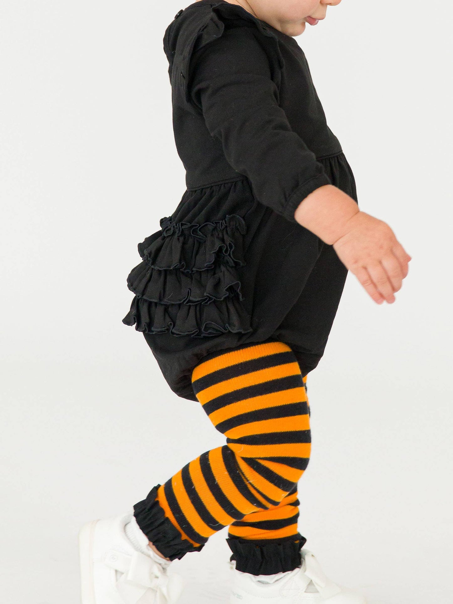 Girls Orange & Black Stripe Patterned Footless Ruffle Tights