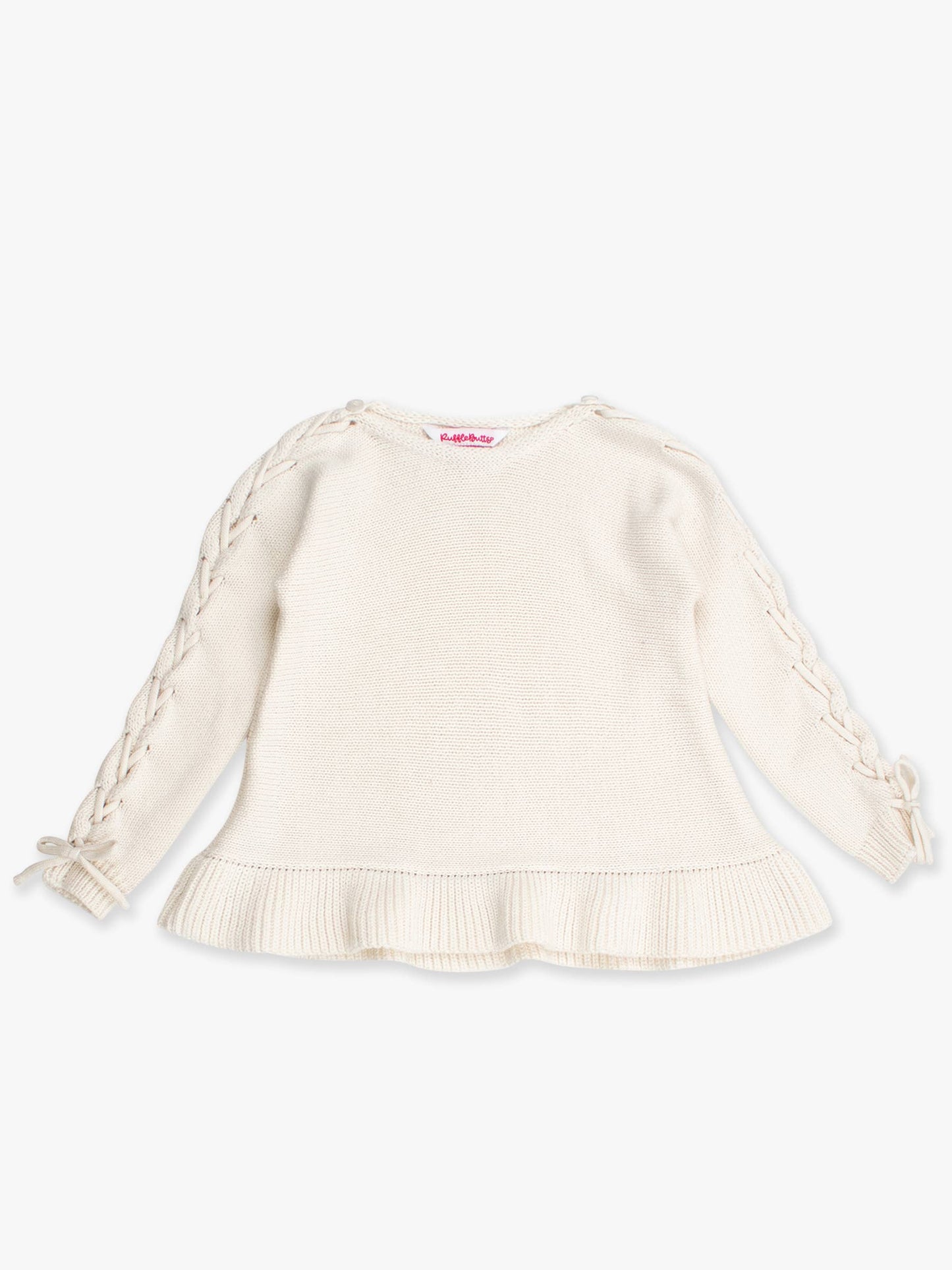 Girls Ivory Ruffle Hem Lace Up Sweater