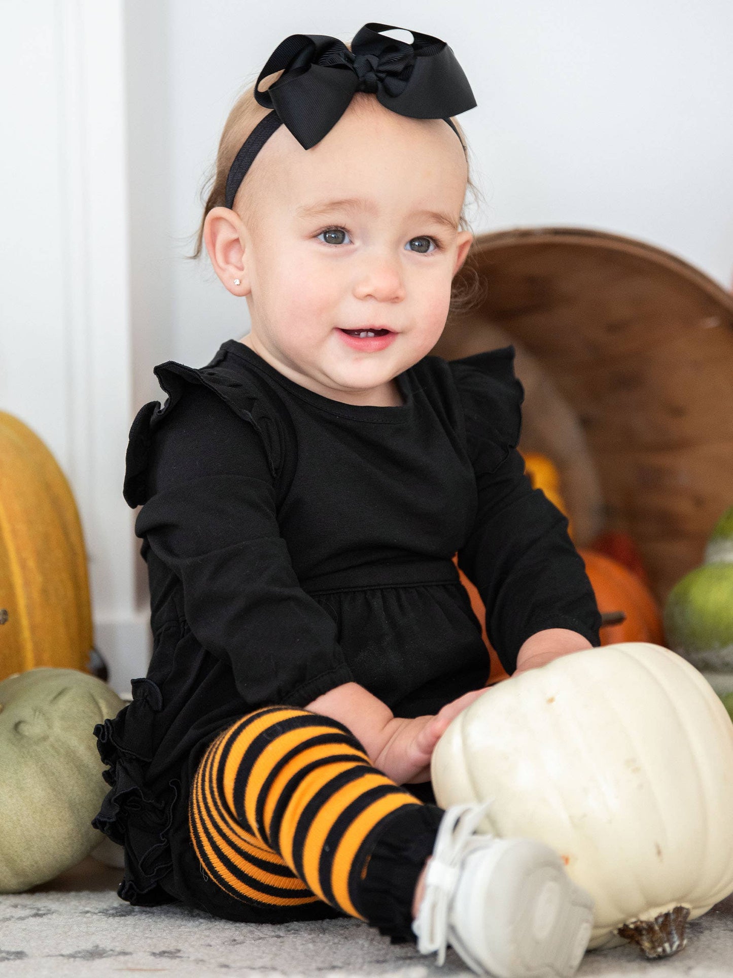 Girls Orange & Black Stripe Patterned Footless Ruffle Tights