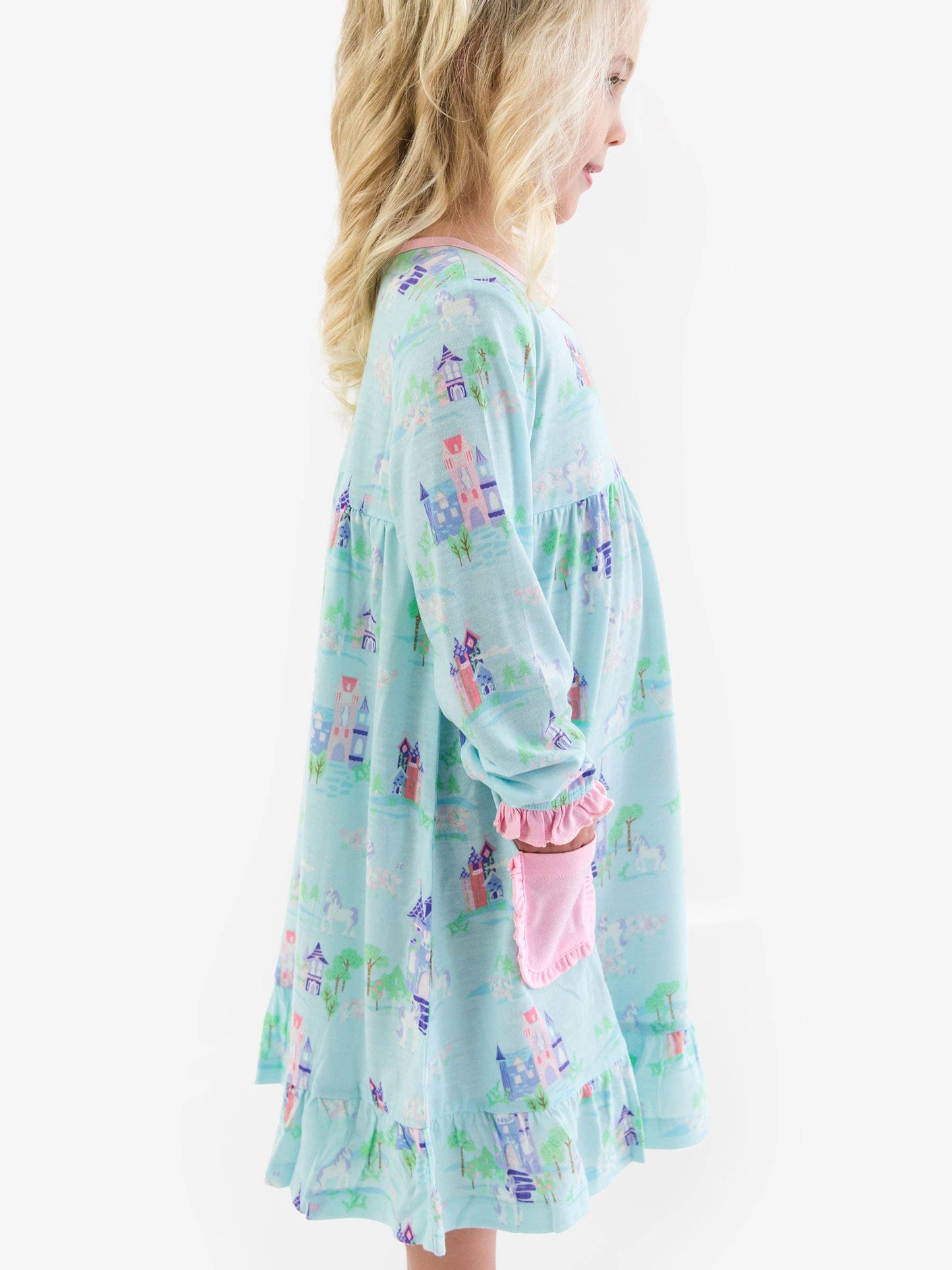 SoftSnooze™ Girls Once Upon a Castle Long Sleeve Ruffle Pocket Pajama Night Gown