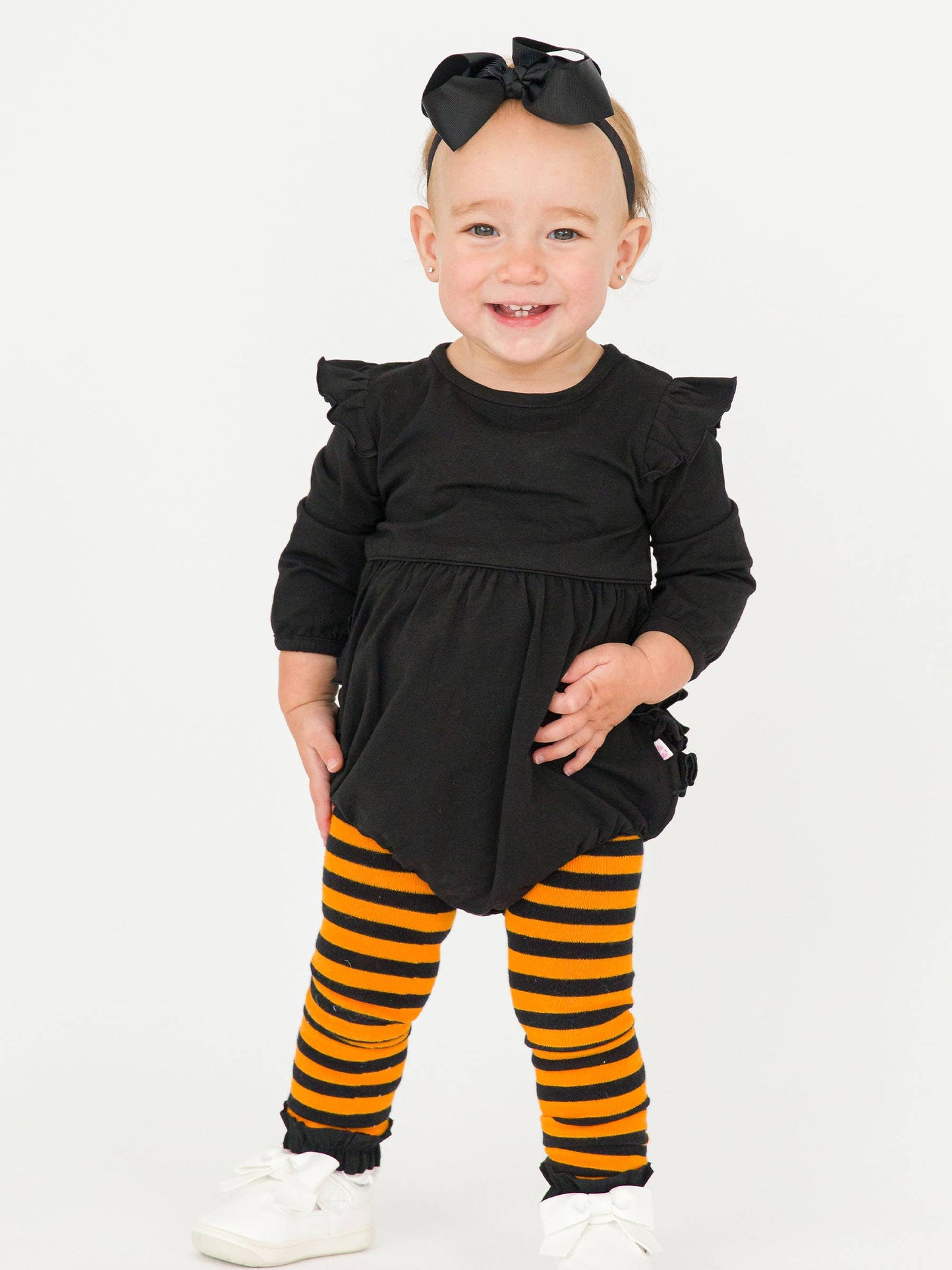 Girls Orange & Black Stripe Patterned Footless Ruffle Tights