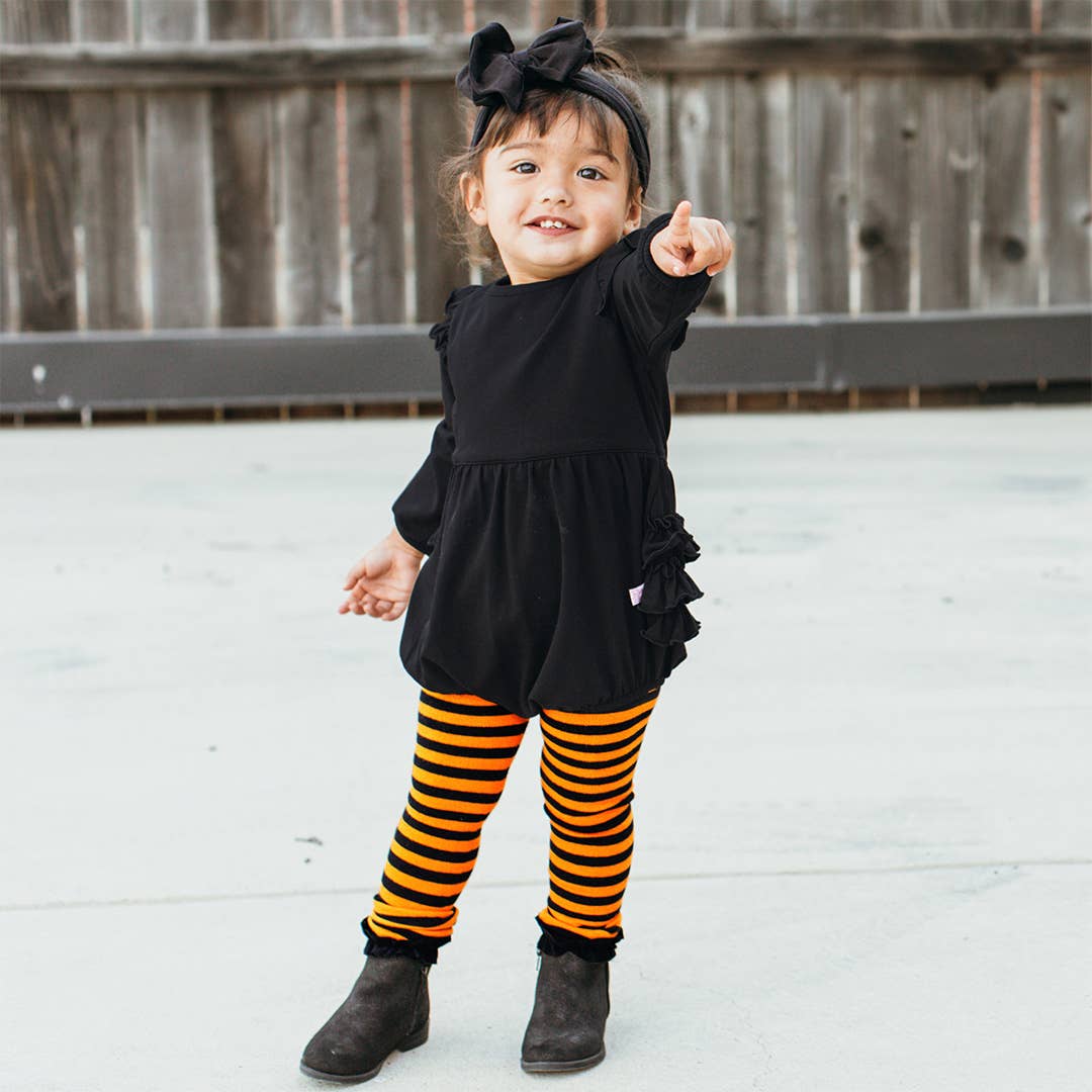 Girls Orange & Black Stripe Patterned Footless Ruffle Tights
