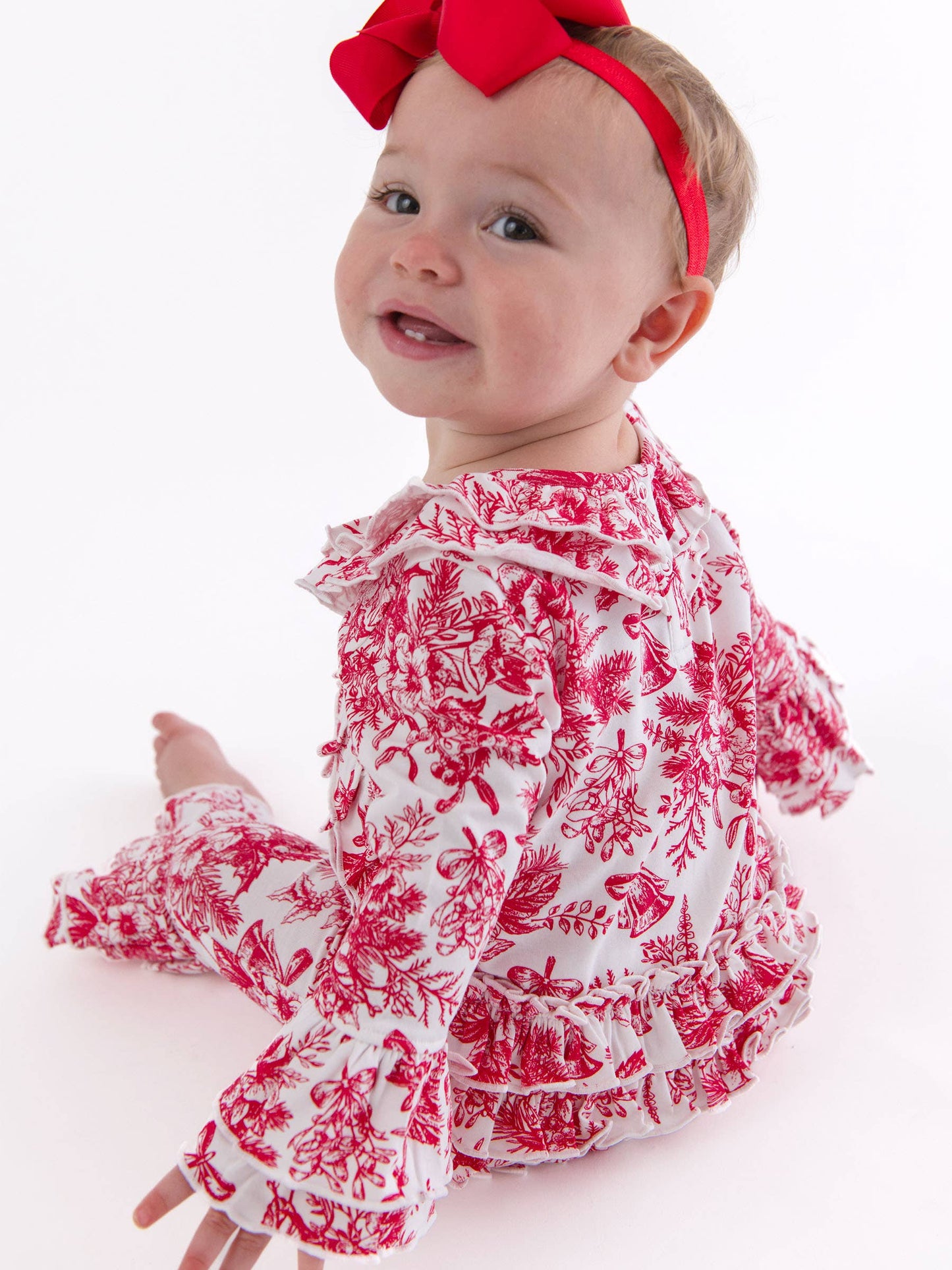 Baby Girls Red Jingle Toile the Way Knit Long Sleeve Ruffle Flare Romper