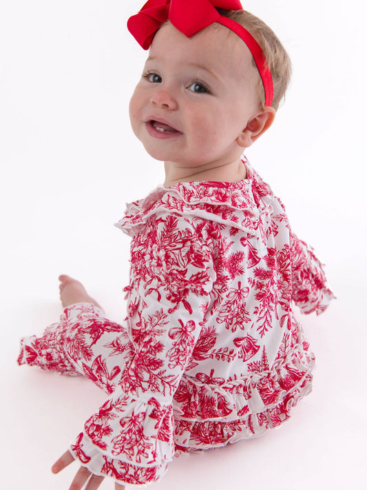 Baby Girls Red Jingle Toile the Way Knit Long Sleeve Ruffle Flare Romper