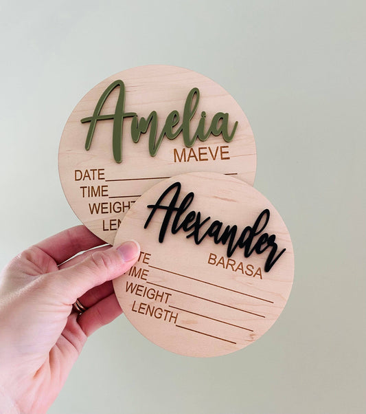 CUSTOM NAME Birth Stat Announcement Wood Disc - Layered 3D