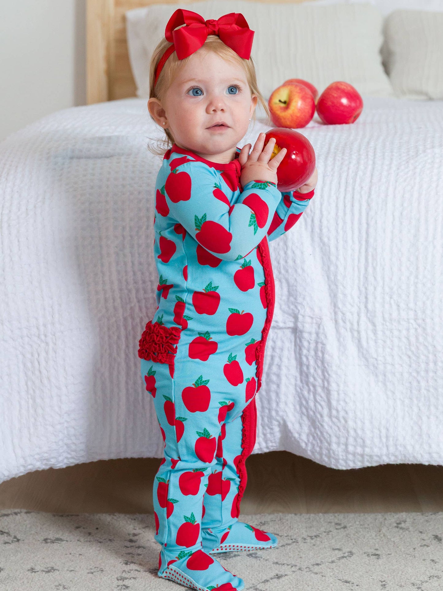 SoftSnooze™ Baby Girls Modal Blend Blue Apple of My Eye Footed Ruffle One Piece Pajama