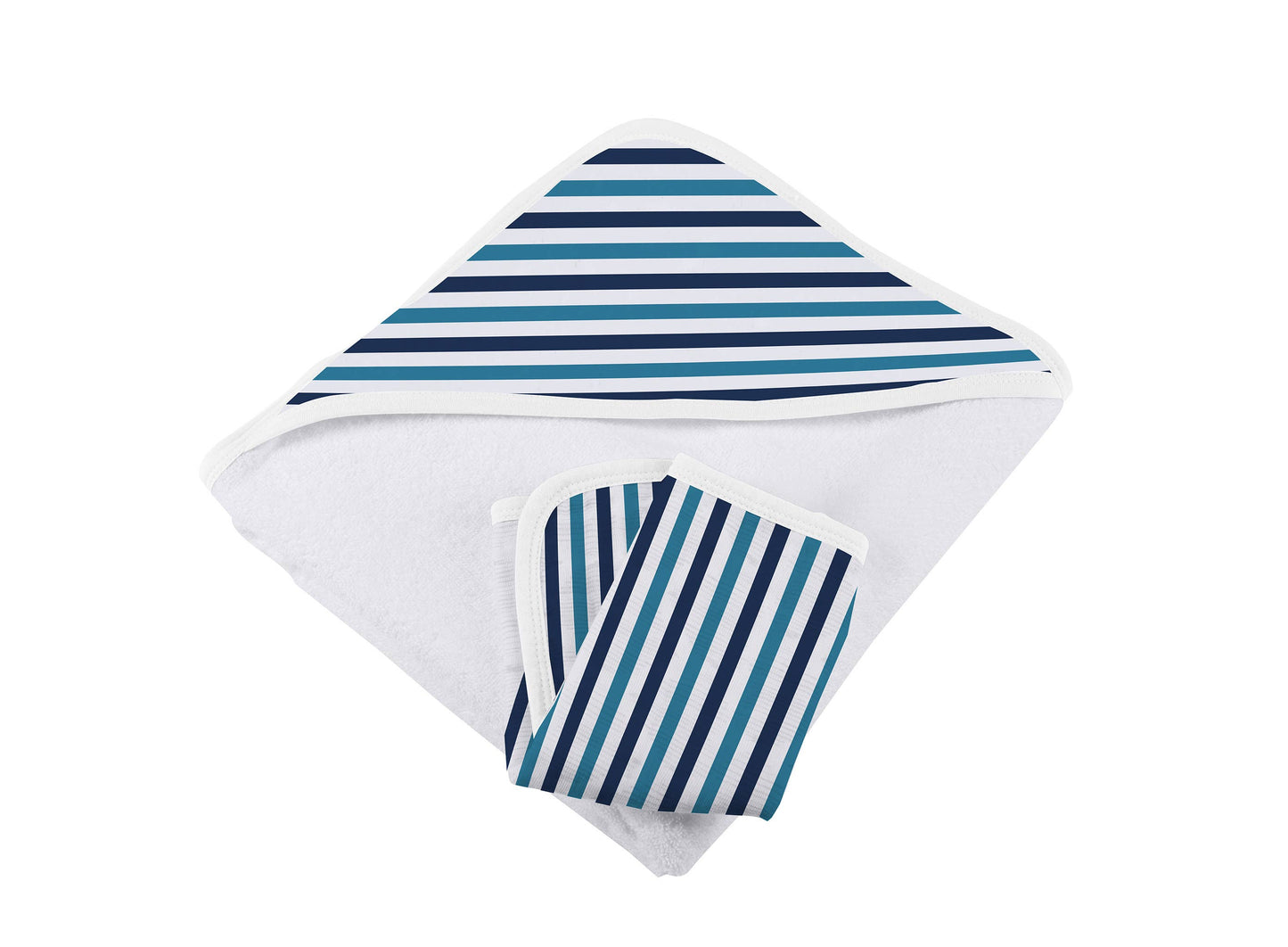 Blue and White Stripe Hooded Towel and Washcloth Set