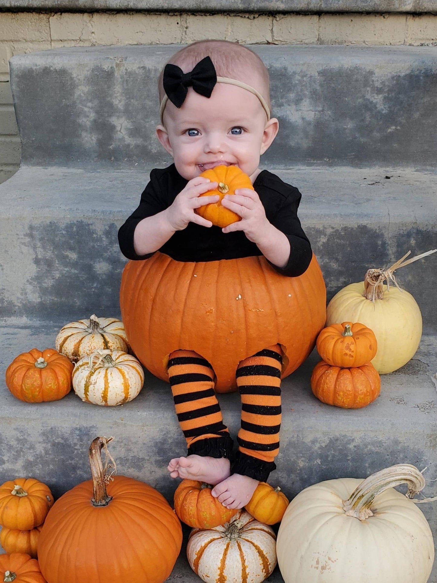 Girls Orange & Black Stripe Patterned Footless Ruffle Tights