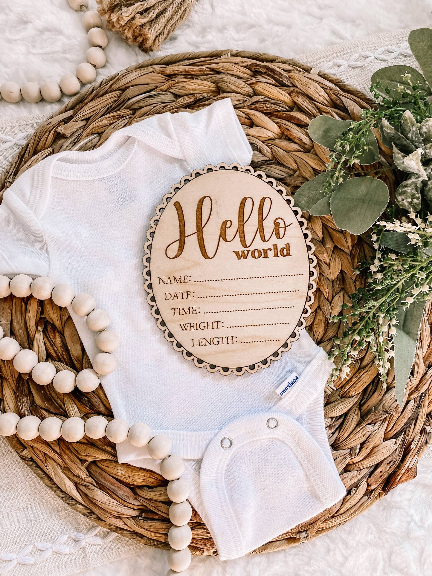 Hello World Birth Stat Sign - Scalloped Edge - Cursive Font