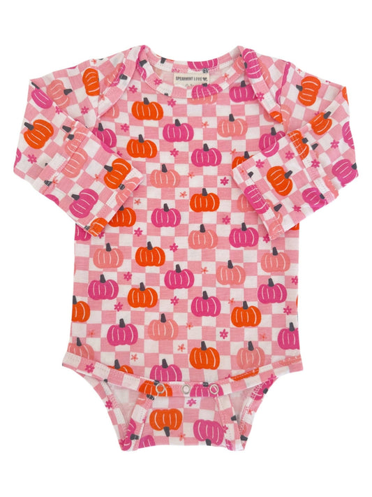 Long Sleeve Bodysuit, Pumpkin Checkerboard Pink