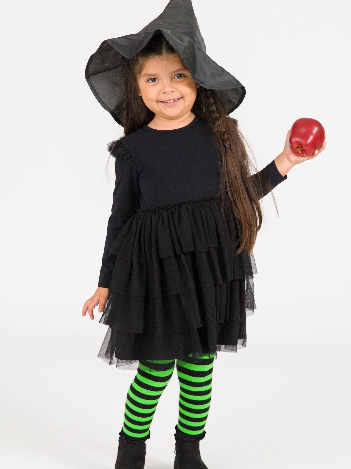 Girls Green & Black Stripe Patterned Footless Ruffle Tights