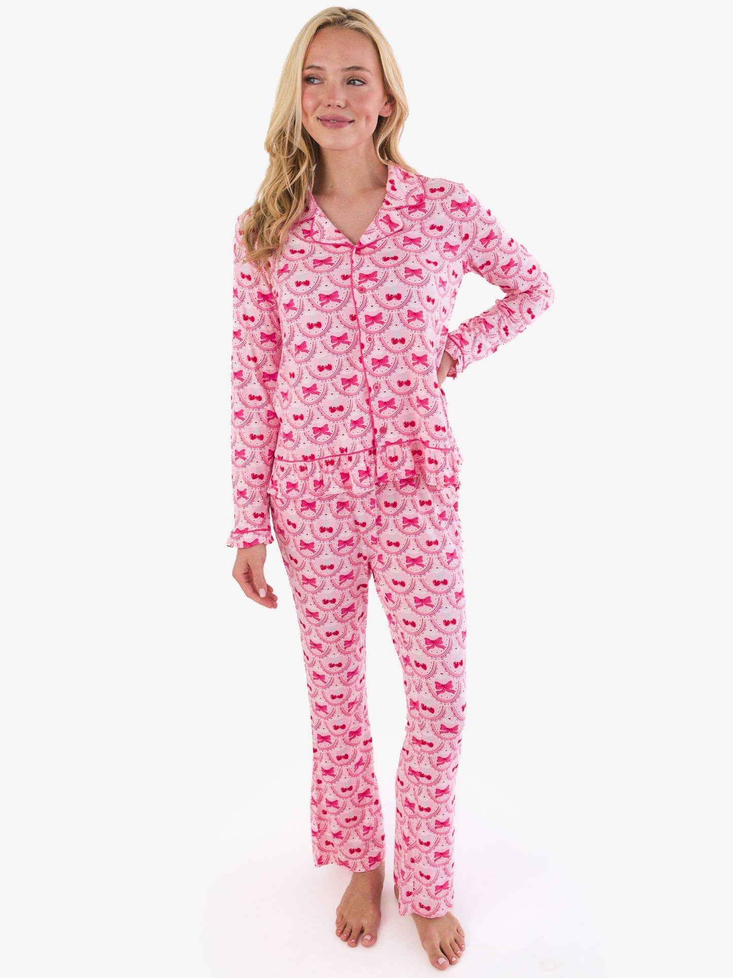 SoftSnooze™ Women's Bamboo Viscose Love You Cherry Much Long Sleeve Button Up Ruffle Flare Pajama Set