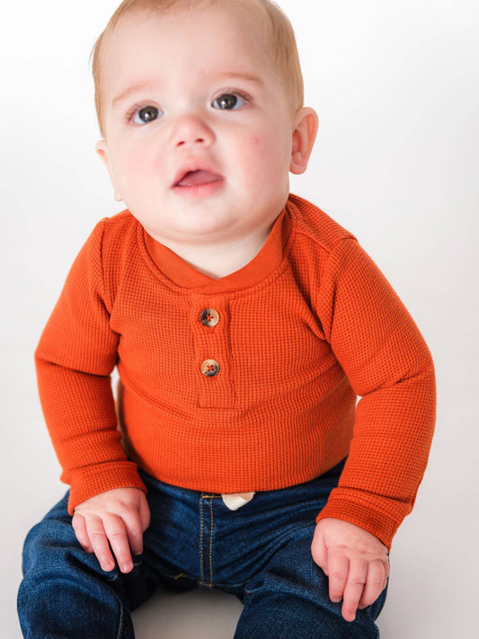 Baby Boys Rust Waffle Knit Henley Bodysuit