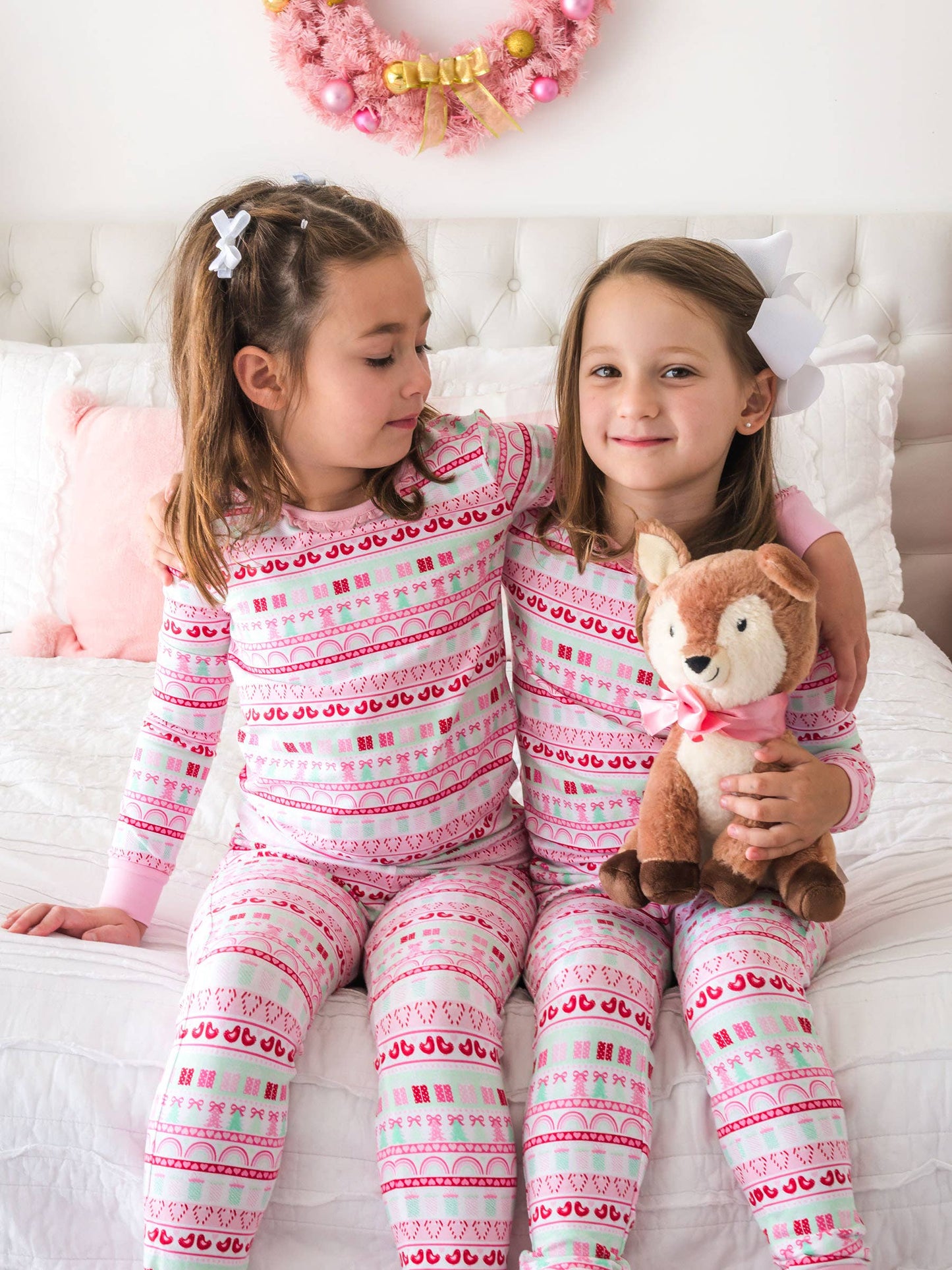 SoftSnooze™ Toddler Girls Cotton Modal Pinkmas Fair Isle Ruffle Long Sleeve Pajama Set with Signature Rear Ruffles