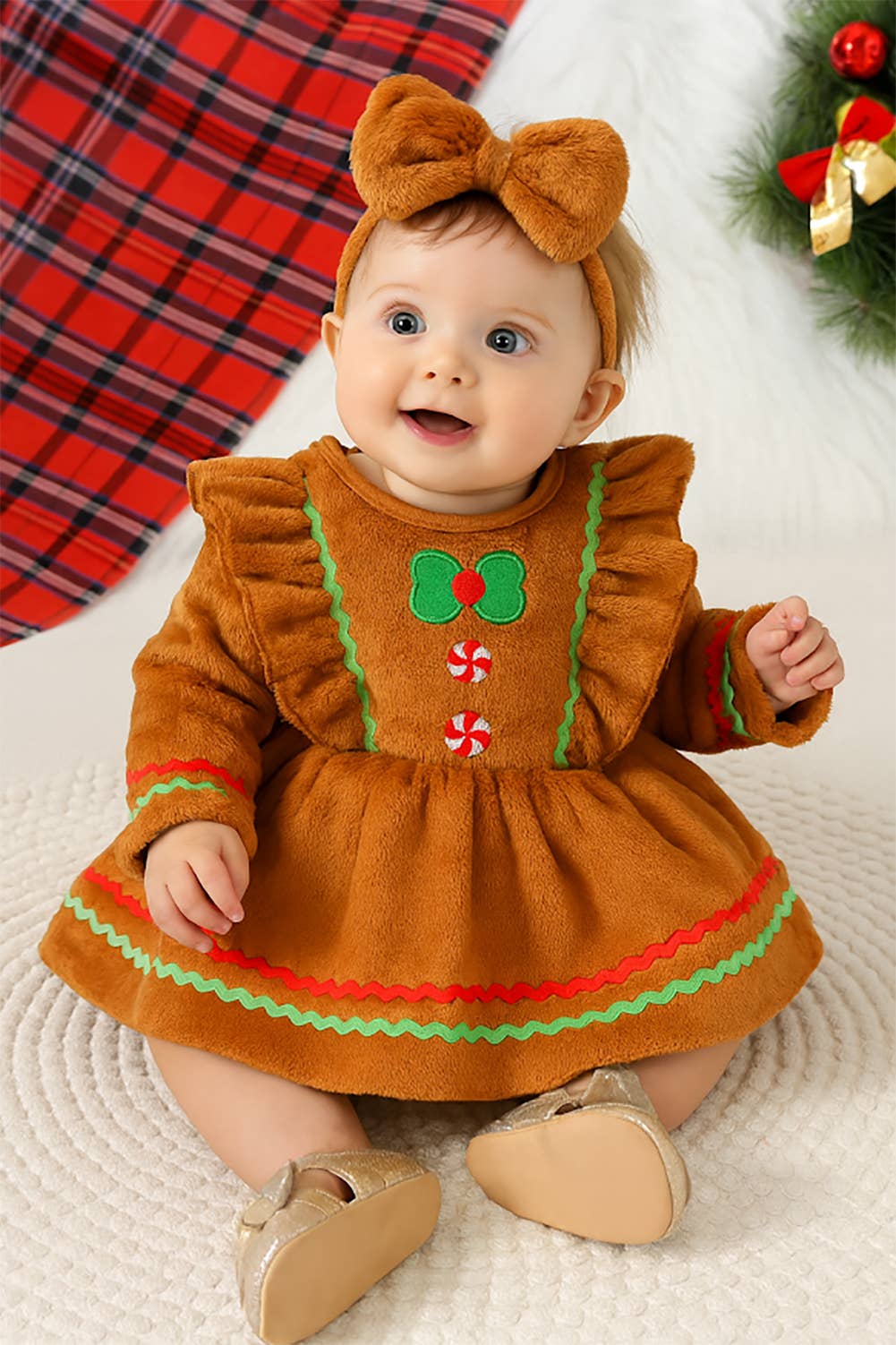Brown Cute Festive Baby Girl Dress and Headband