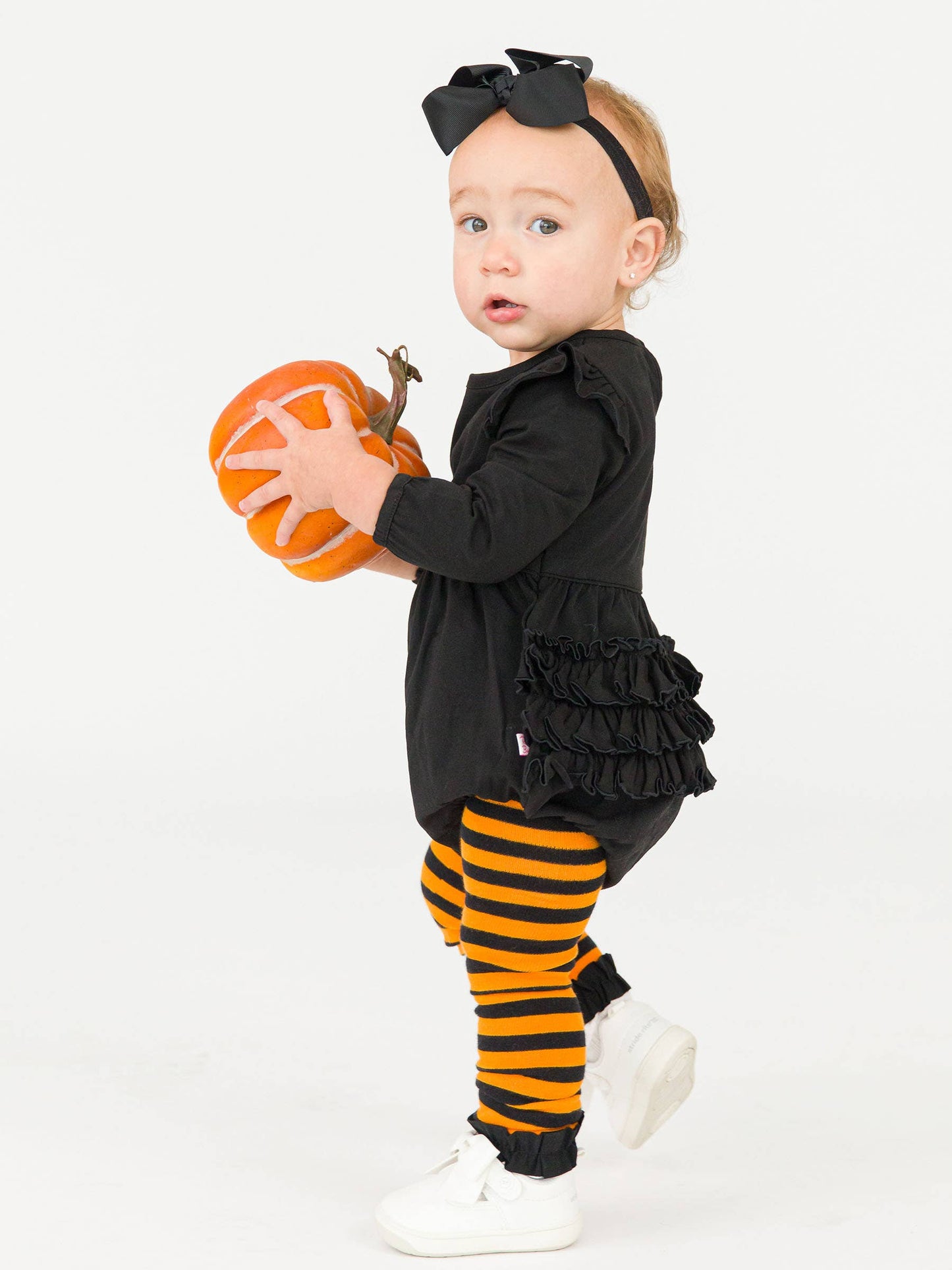 Girls Orange & Black Stripe Patterned Footless Ruffle Tights