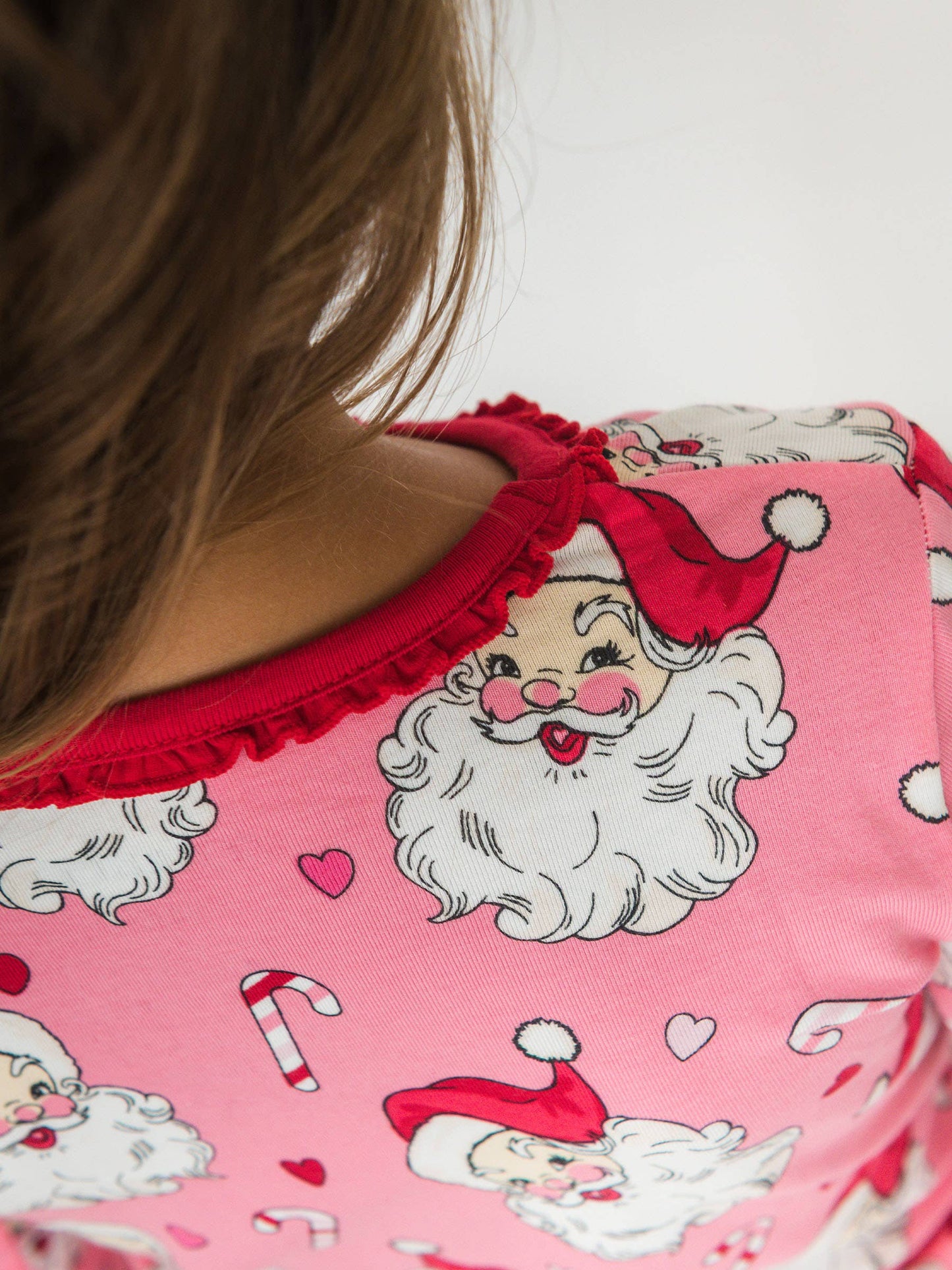 SoftSnooze™ Toddler Girls Cotton Modal Pink Santa Joy Ruffle Long Sleeve Pajama Set with Signature Rear Ruffles