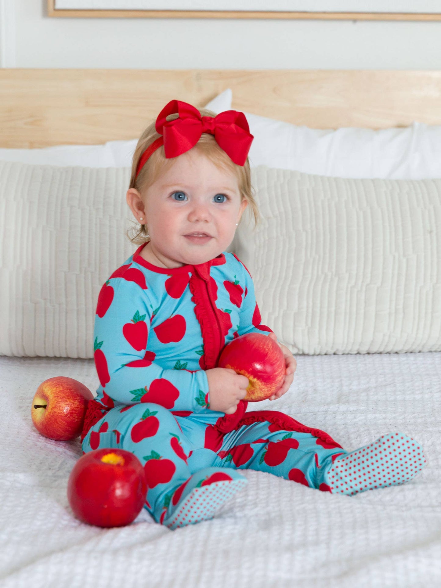 SoftSnooze™ Baby Girls Modal Blend Blue Apple of My Eye Footed Ruffle One Piece Pajama