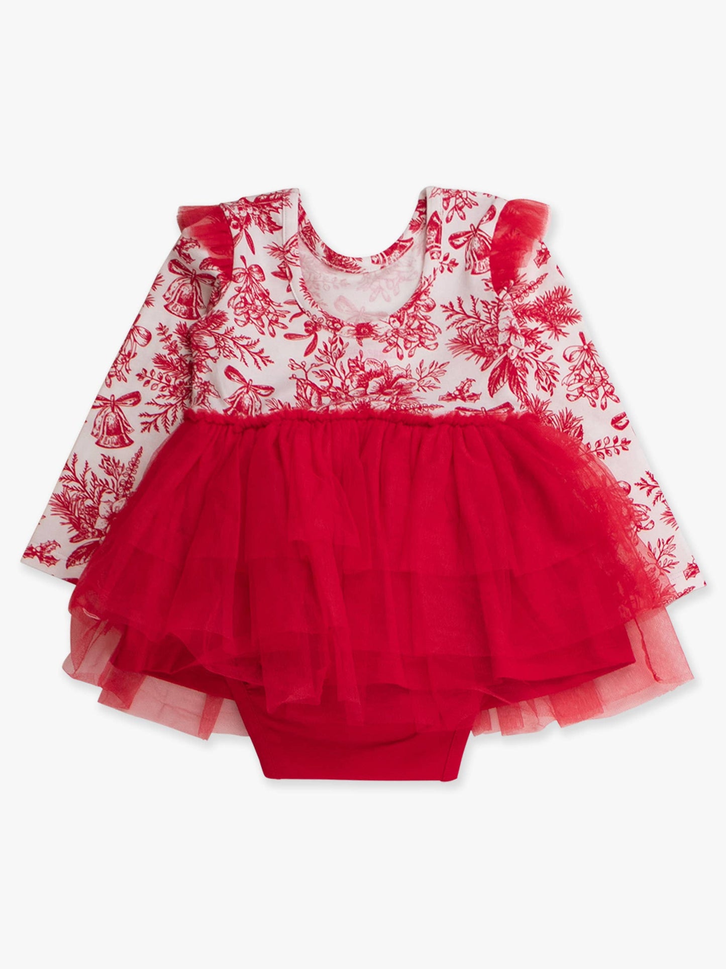 Baby Girls Red Jingle Toile the Way Flutter Tulle Long Sleeve Twirl Romper