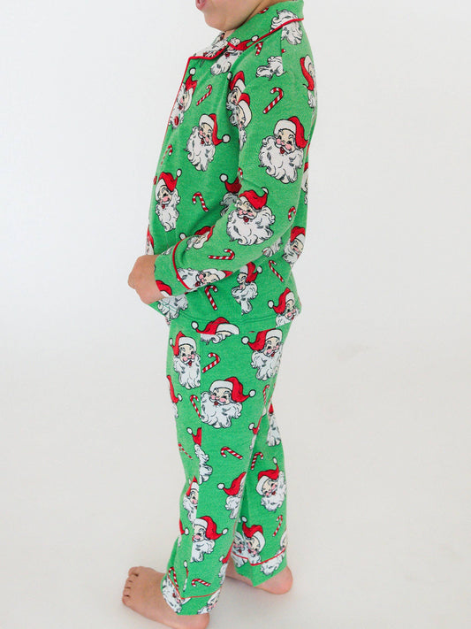 SoftSnooze™ Boys Green Santa Joy Long Sleeve Button Up Pajama Set