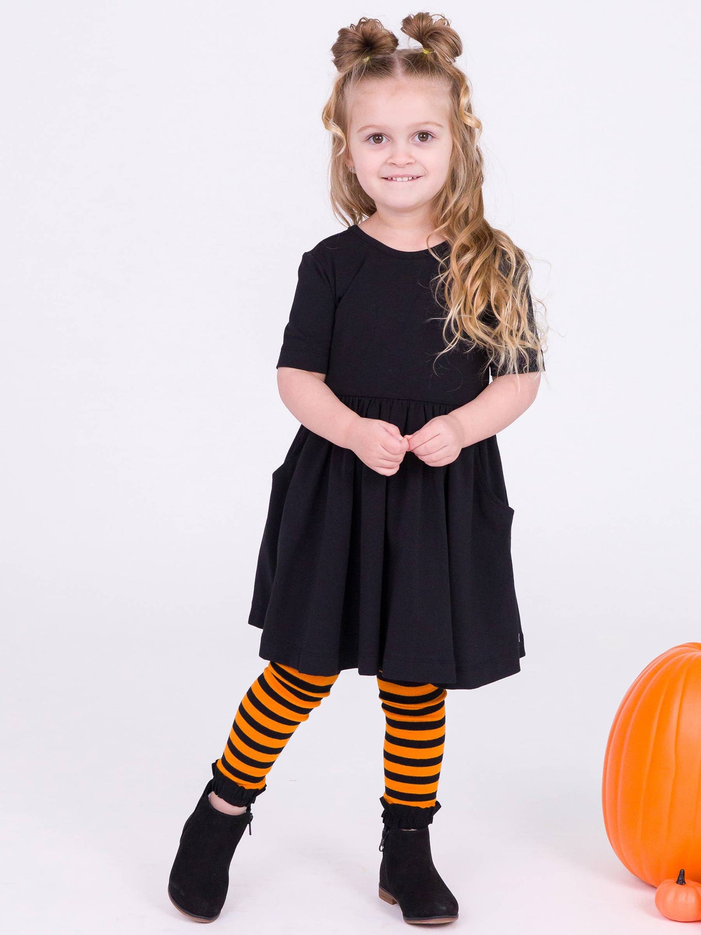 Girls Orange & Black Stripe Patterned Footless Ruffle Tights