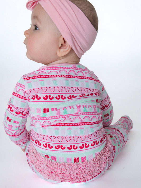 SoftSnooze™ Baby Girls Cotton Modal Pinkmas Fair Isle Footed Ruffle One Piece Pajama