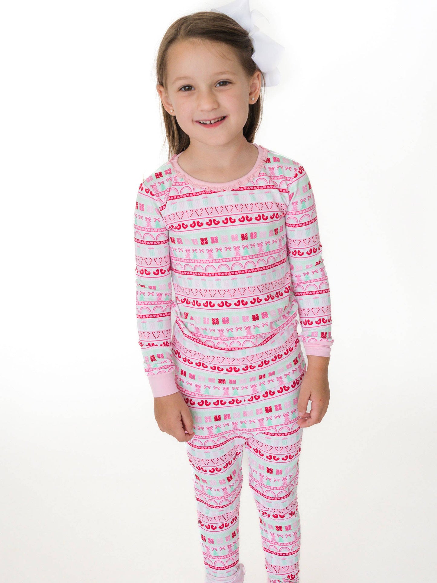 SoftSnooze™ Toddler Girls Cotton Modal Pinkmas Fair Isle Ruffle Long Sleeve Pajama Set with Signature Rear Ruffles