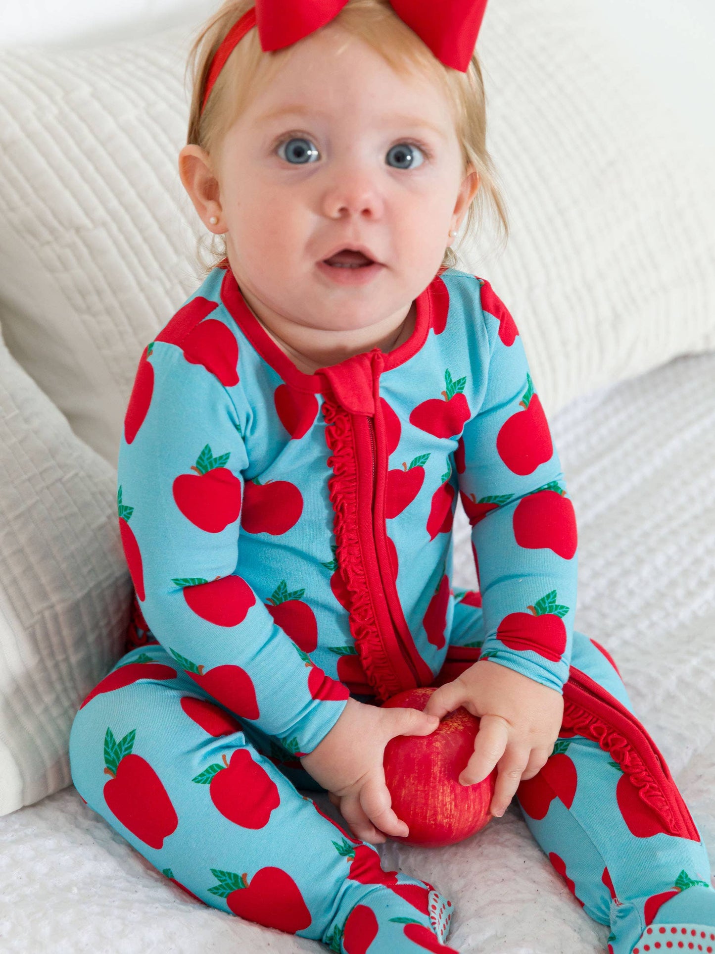 SoftSnooze™ Baby Girls Modal Blend Blue Apple of My Eye Footed Ruffle One Piece Pajama