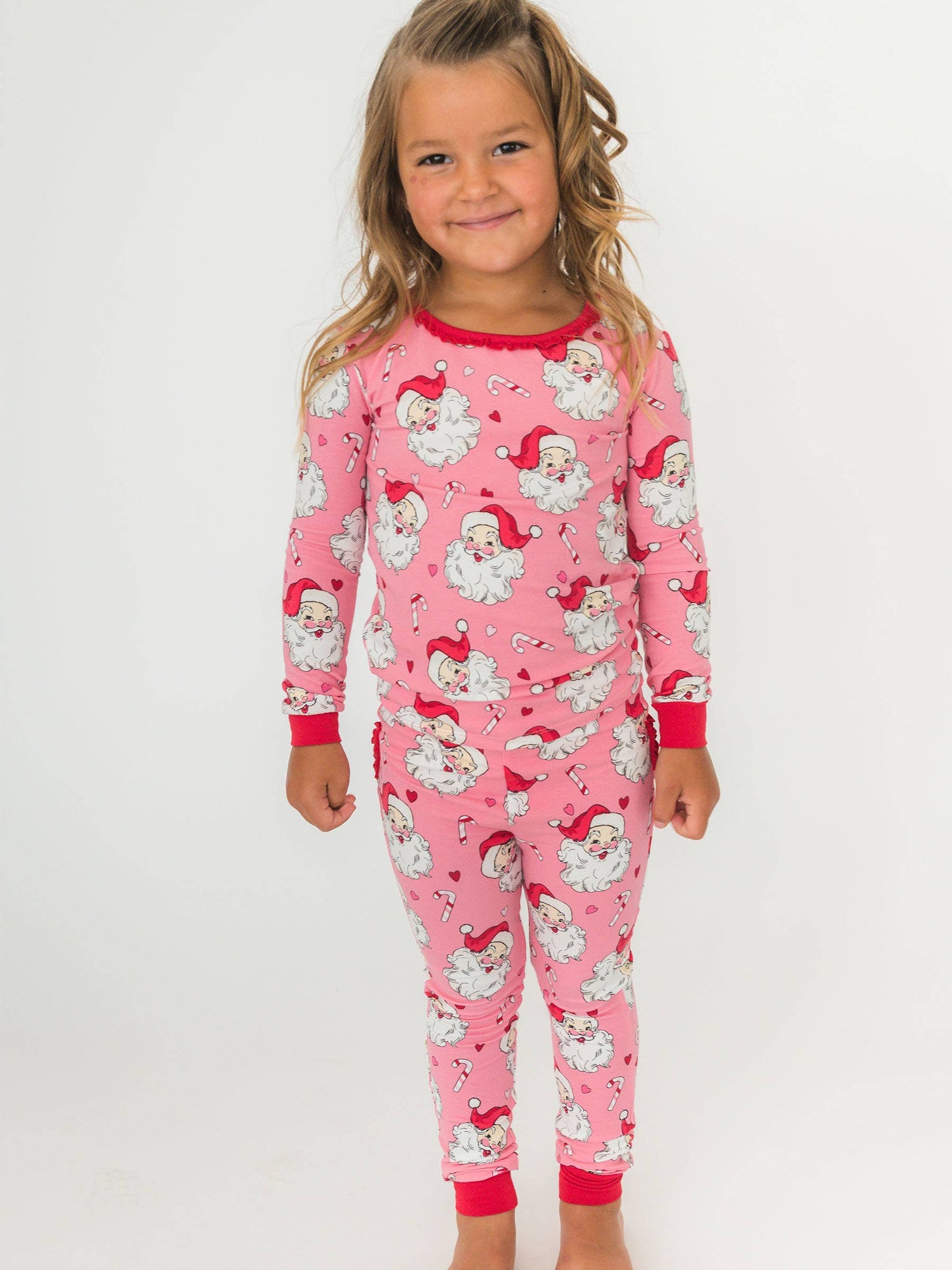 SoftSnooze™ Toddler Girls Cotton Modal Pink Santa Joy Ruffle Long Sleeve Pajama Set with Signature Rear Ruffles