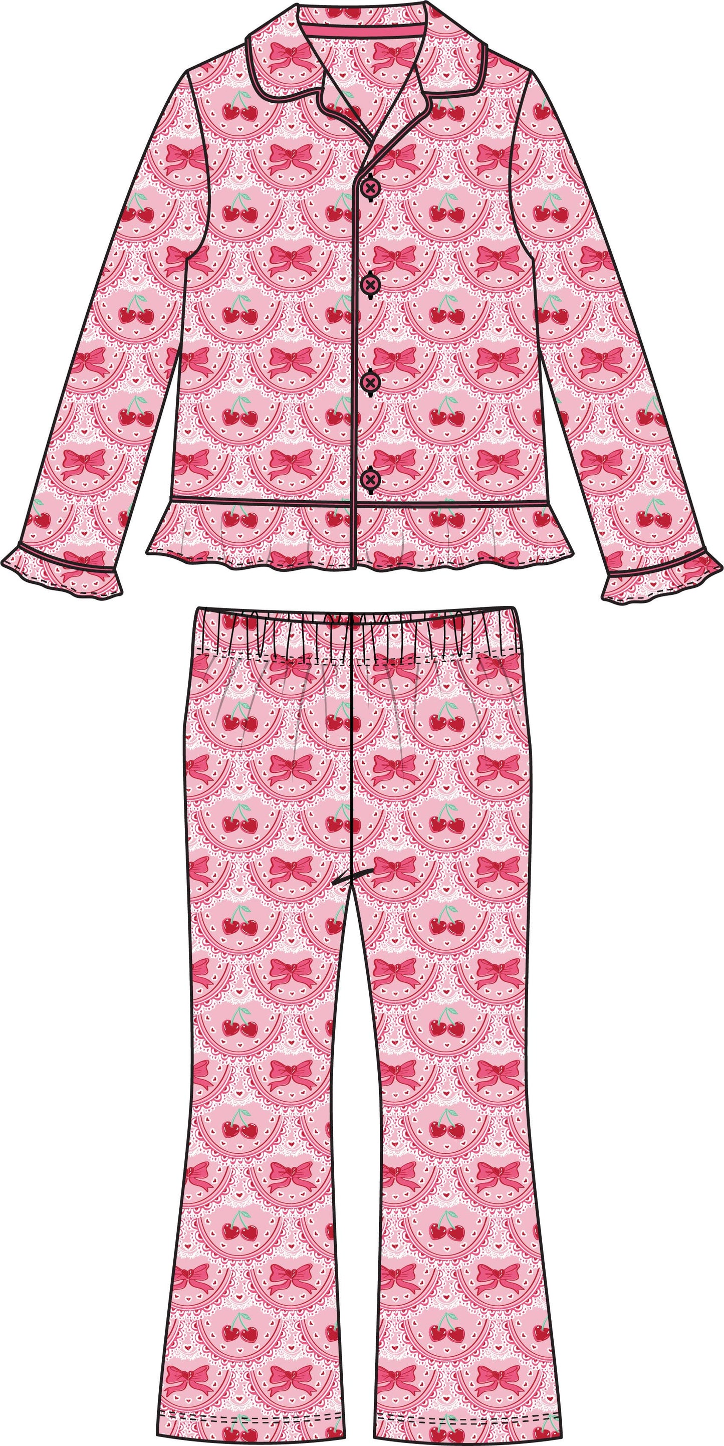 SoftSnooze™ Women's Bamboo Viscose Love You Cherry Much Long Sleeve Button Up Ruffle Flare Pajama Set